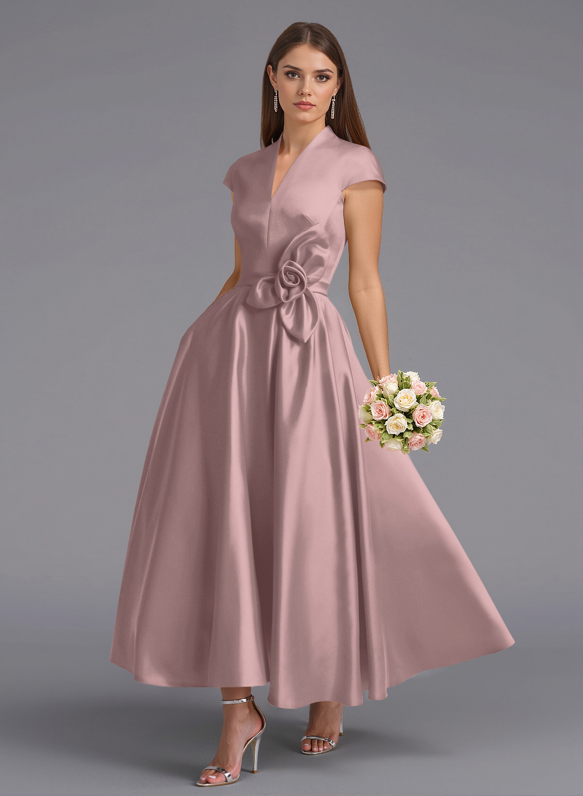 Classic V-Neck Short Sleeves Flower(s) A-Line Ankle-Length Satin Bridesmaid Dresses With Pockets, product image 102