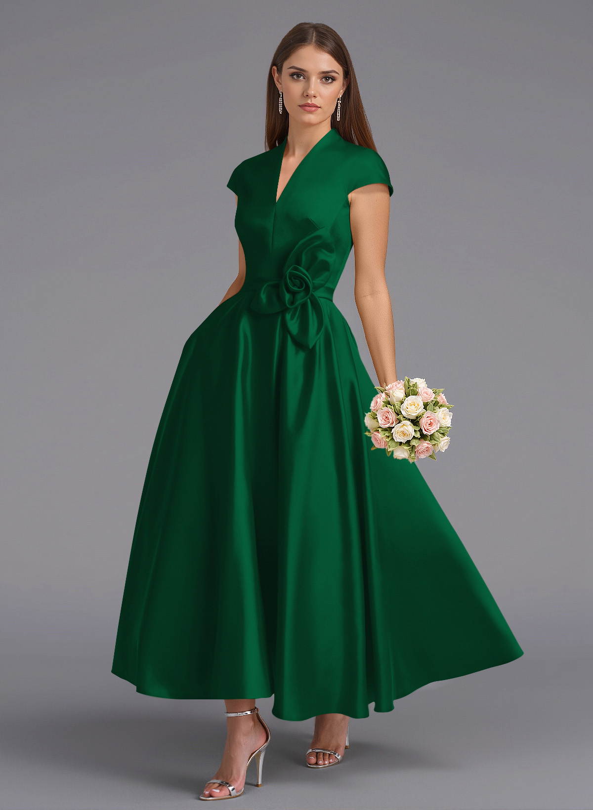 Classic V-Neck Short Sleeves Flower(s) A-Line Ankle-Length Satin Bridesmaid Dresses With Pockets, product image 18