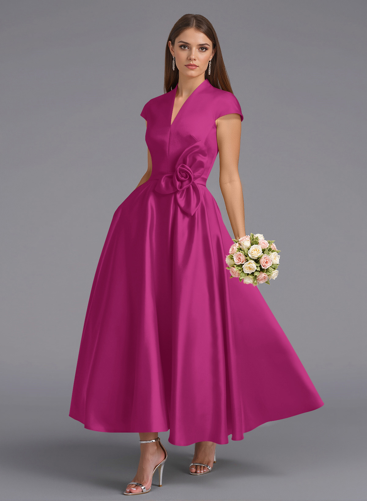 Classic V-Neck Short Sleeves Flower(s) A-Line Ankle-Length Satin Bridesmaid Dresses With Pockets, product image 70