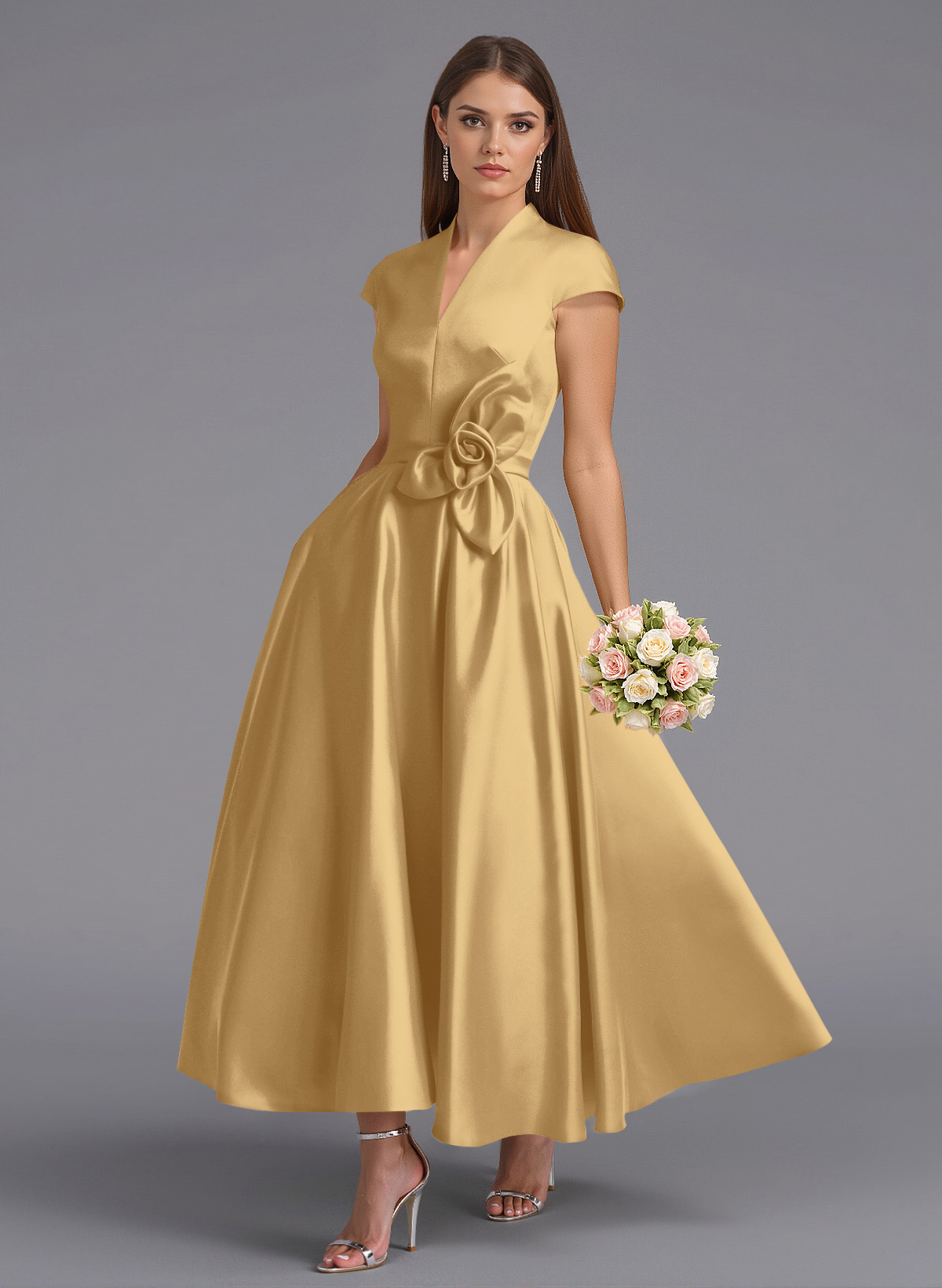 Classic V-Neck Short Sleeves Flower(s) A-Line Ankle-Length Satin Bridesmaid Dresses With Pockets, product image 44
