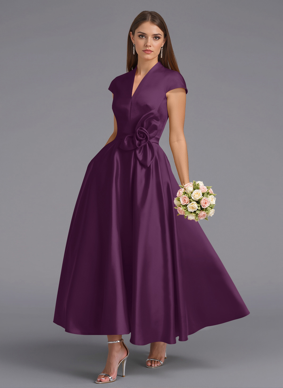 Classic V-Neck Short Sleeves Flower(s) A-Line Ankle-Length Satin Bridesmaid Dresses With Pockets, product image 74
