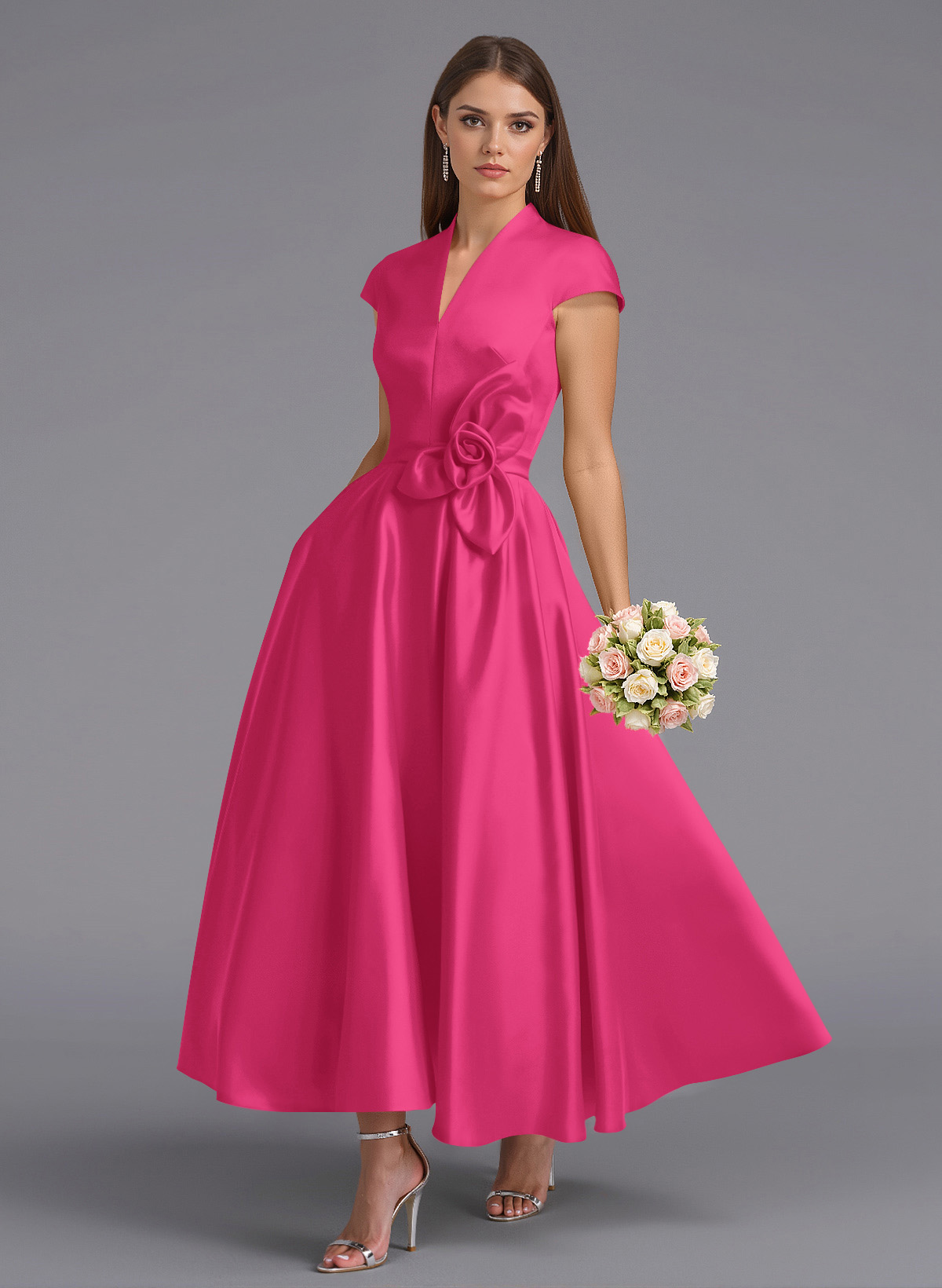 Classic V-Neck Short Sleeves Flower(s) A-Line Ankle-Length Satin Bridesmaid Dresses With Pockets, product image 26