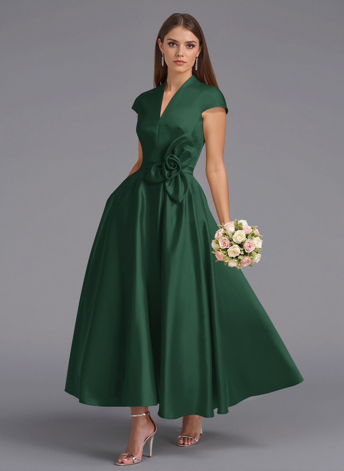 Classic V-Neck Short Sleeves Flower(s) A-Line Ankle-Length Satin Bridesmaid Dresses With Pockets, product image 64