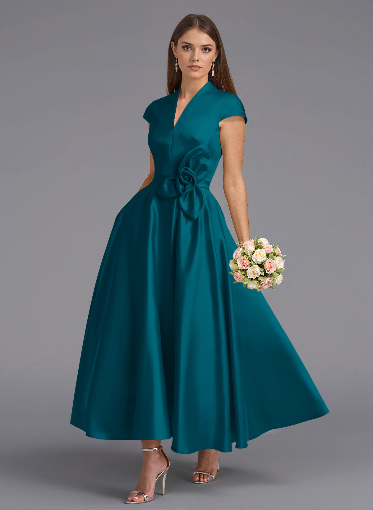 Classic V-Neck Short Sleeves Flower(s) A-Line Ankle-Length Satin Bridesmaid Dresses With Pockets, product image 130