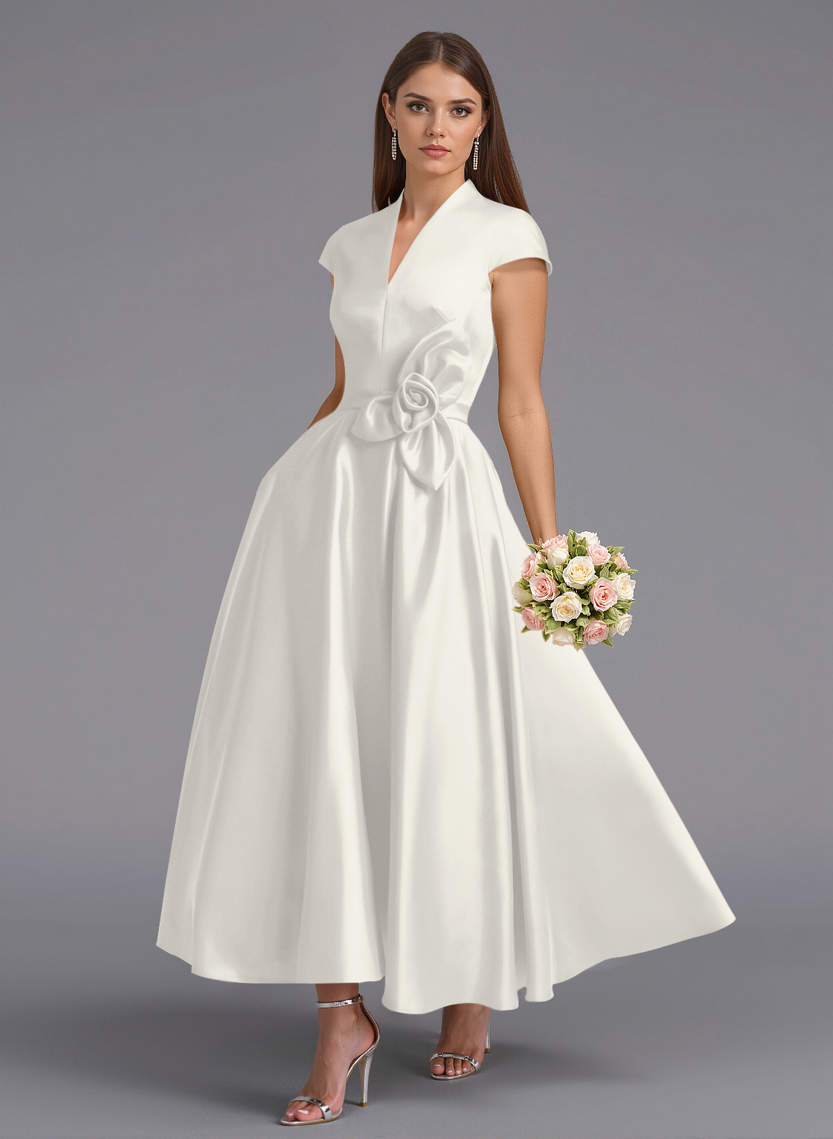 Classic V-Neck Short Sleeves Flower(s) A-Line Ankle-Length Satin Bridesmaid Dresses With Pockets, product image 36