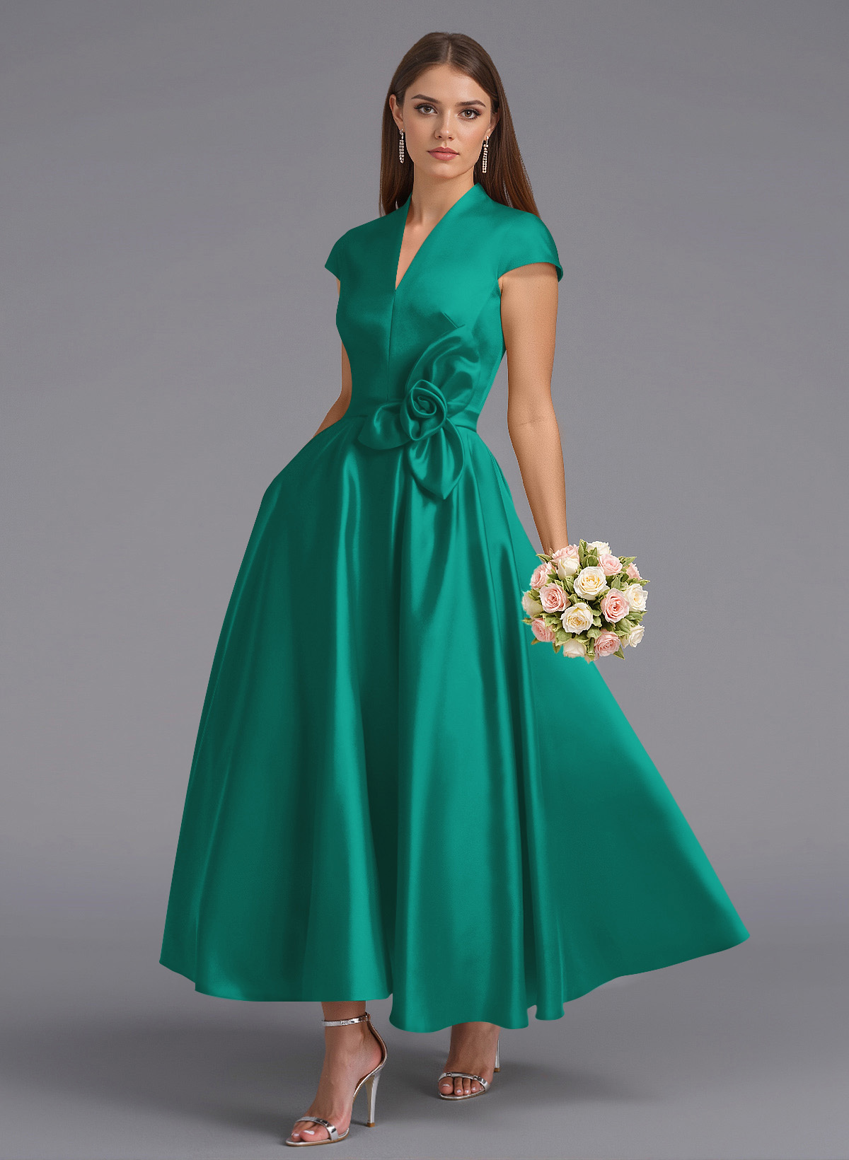 Classic V-Neck Short Sleeves Flower(s) A-Line Ankle-Length Satin Bridesmaid Dresses With Pockets, product image 60