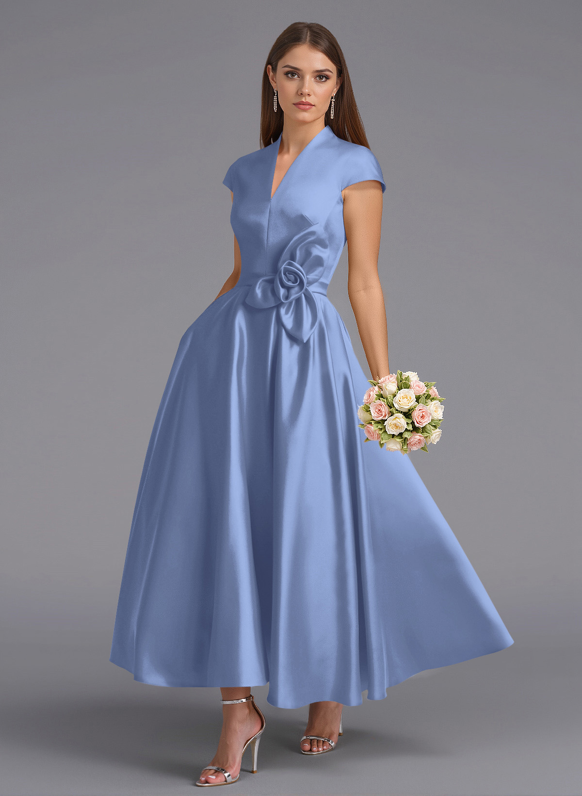 Classic V-Neck Short Sleeves Flower(s) A-Line Ankle-Length Satin Bridesmaid Dresses With Pockets, product image 122