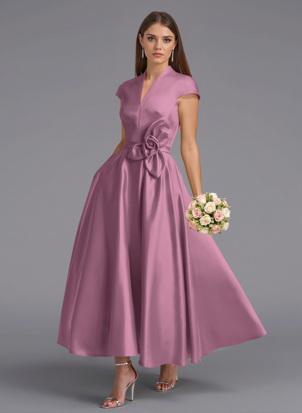 Classic V-Neck Short Sleeves Flower(s) A-Line Ankle-Length Satin Bridesmaid Dresses With Pockets, product image 82