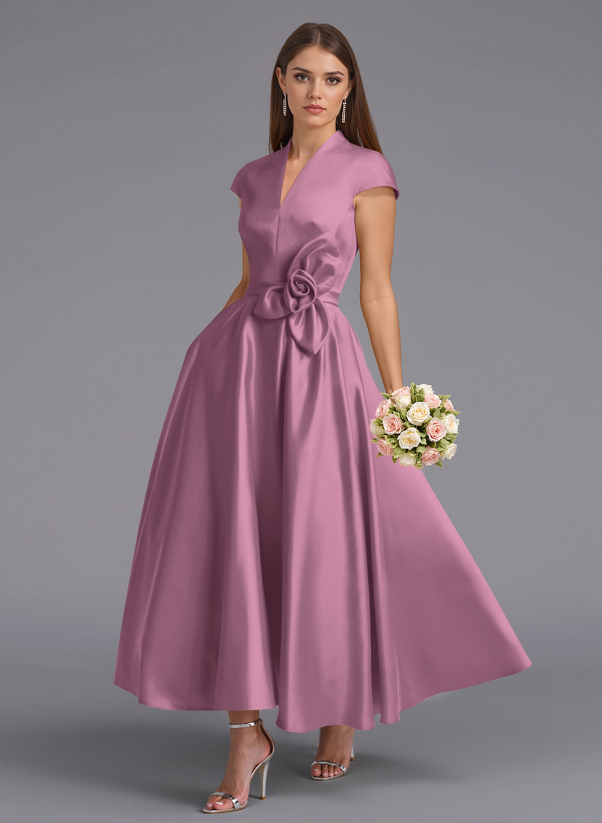 Classic V-Neck Short Sleeves Flower(s) A-Line Ankle-Length Satin Bridesmaid Dresses With Pockets, product image 82