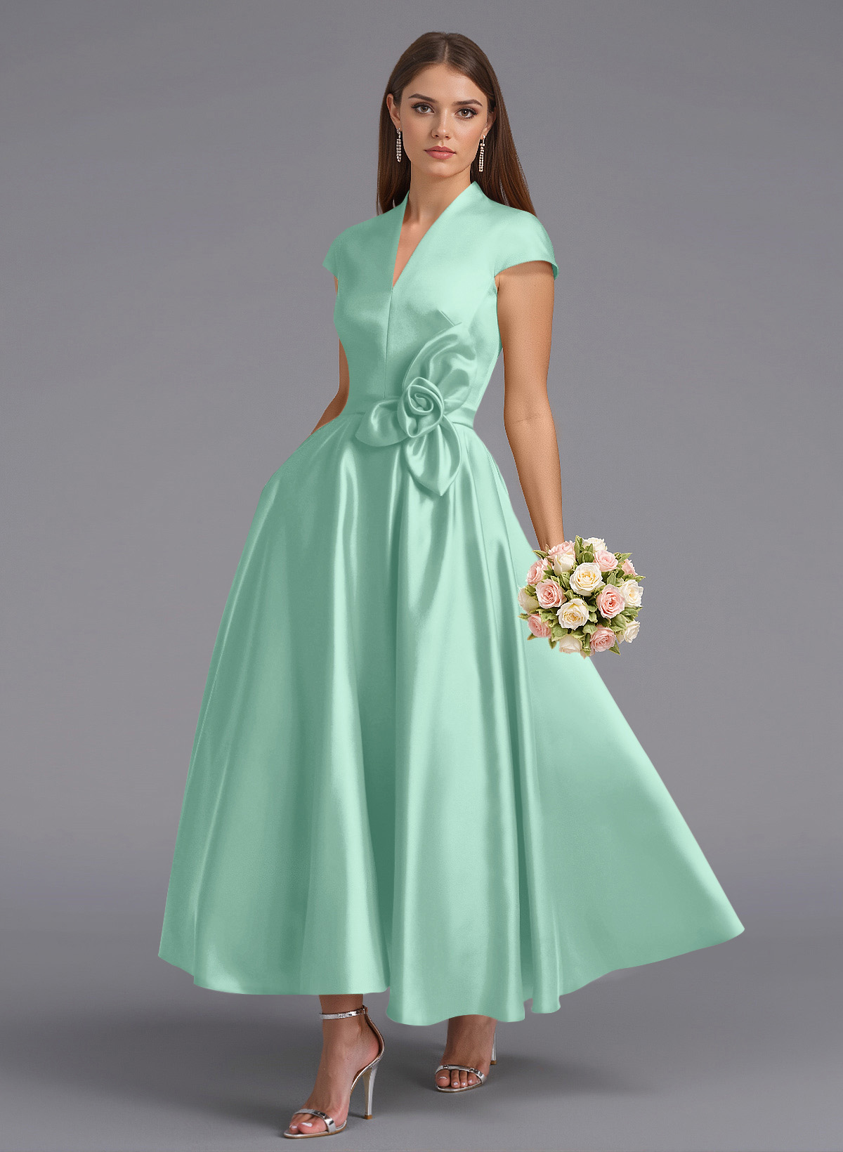 Classic V-Neck Short Sleeves Flower(s) A-Line Ankle-Length Satin Bridesmaid Dresses With Pockets, product image 54