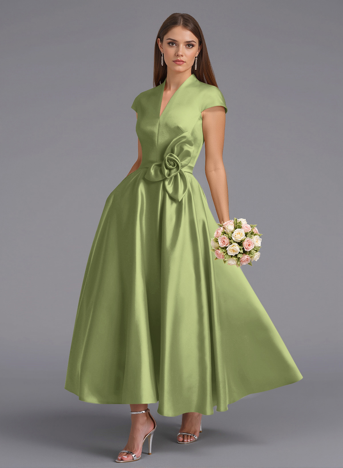 Classic V-Neck Short Sleeves Flower(s) A-Line Ankle-Length Satin Bridesmaid Dresses With Pockets, product image 12