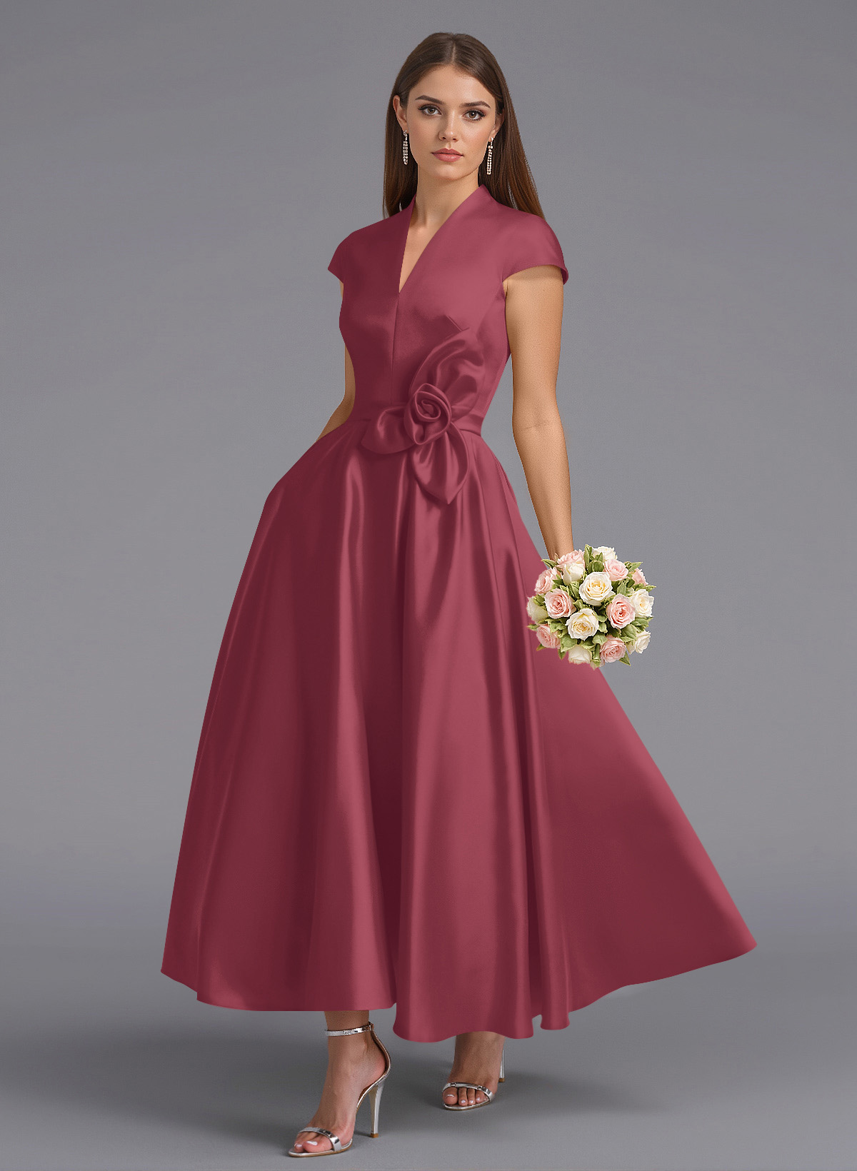 Classic V-Neck Short Sleeves Flower(s) A-Line Ankle-Length Satin Bridesmaid Dresses With Pockets, product image 110