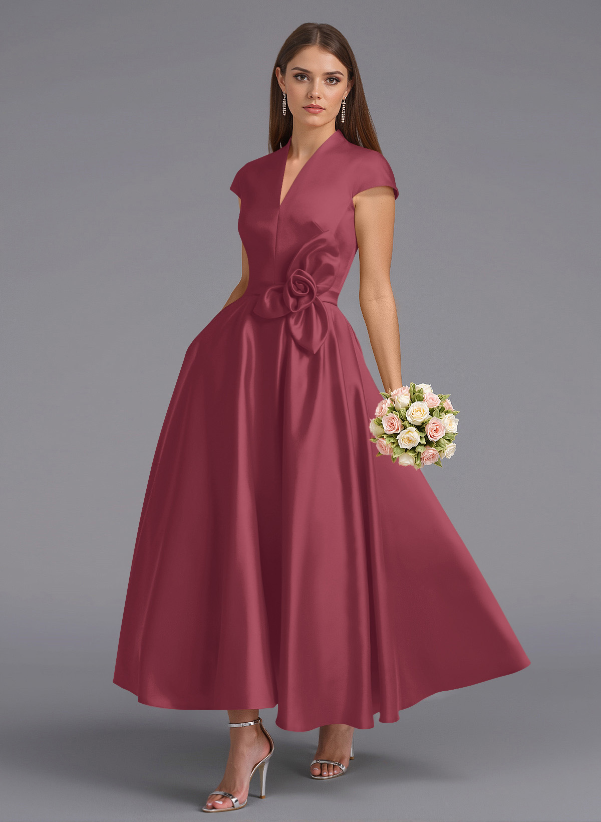 Classic V-Neck Short Sleeves Flower(s) A-Line Ankle-Length Satin Bridesmaid Dresses With Pockets, product image 110