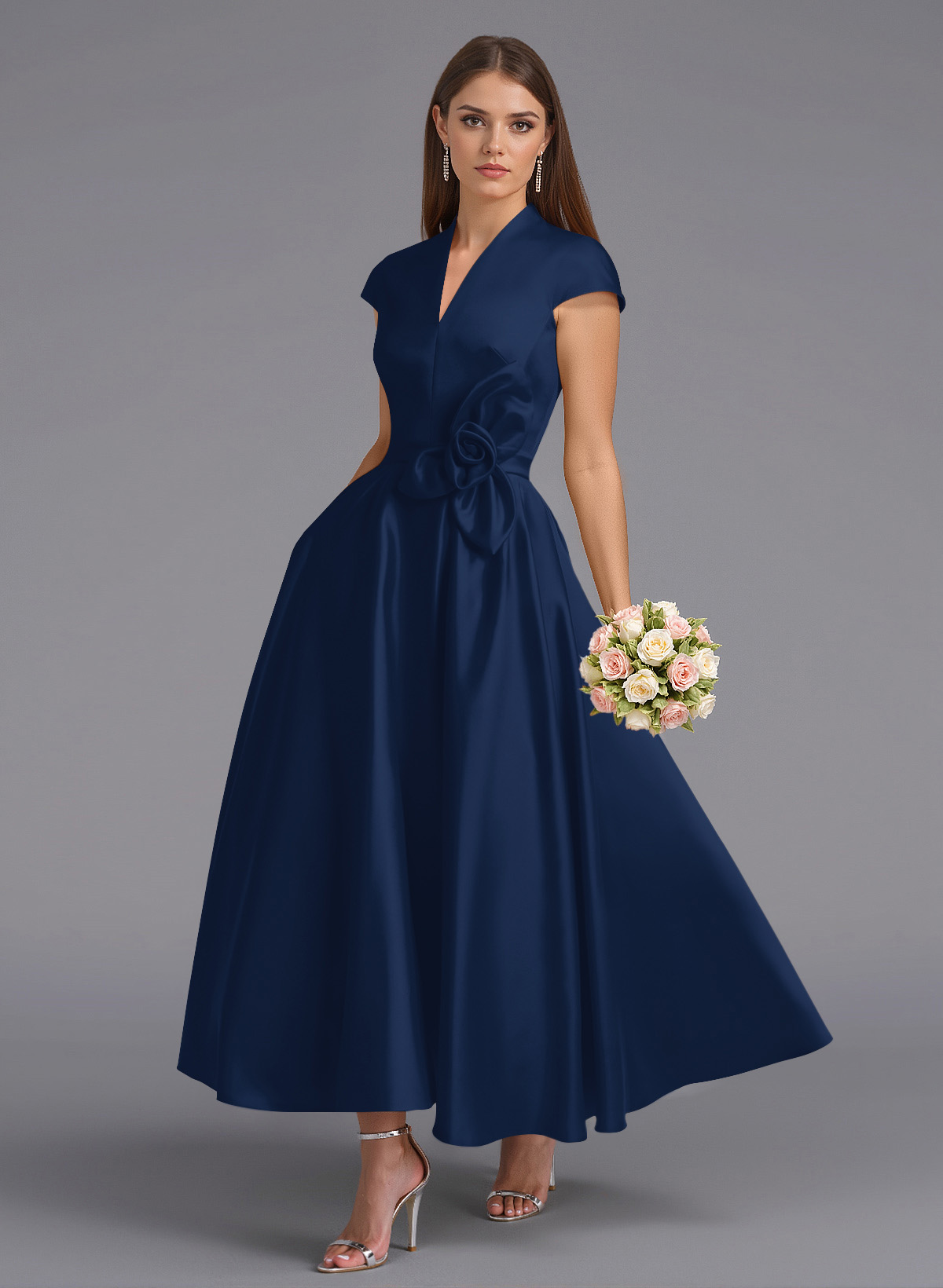 Classic V-Neck Short Sleeves Flower(s) A-Line Ankle-Length Satin Bridesmaid Dresses With Pockets, product image 138