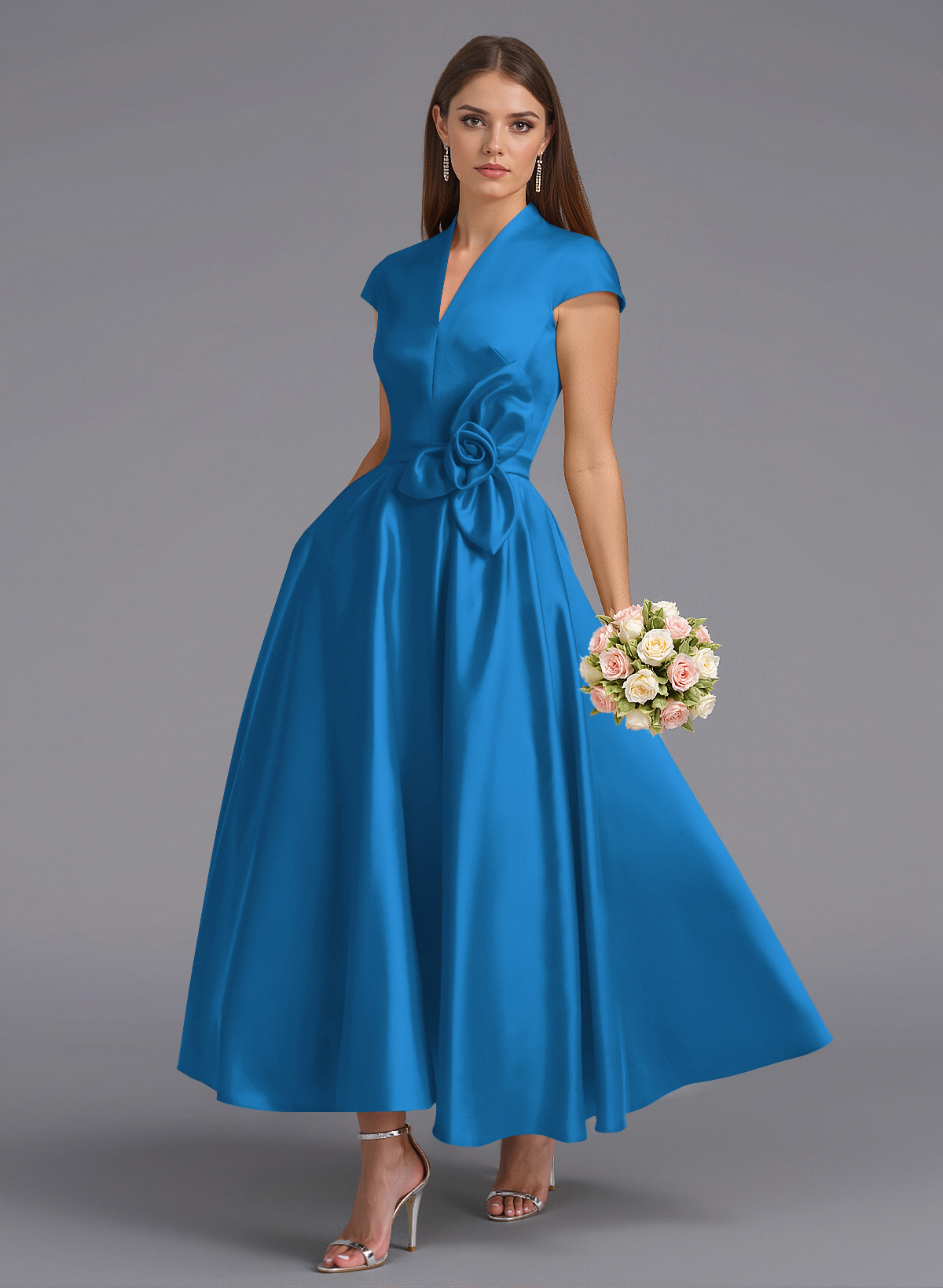 Classic V-Neck Short Sleeves Flower(s) A-Line Ankle-Length Satin Bridesmaid Dresses With Pockets, product image 126