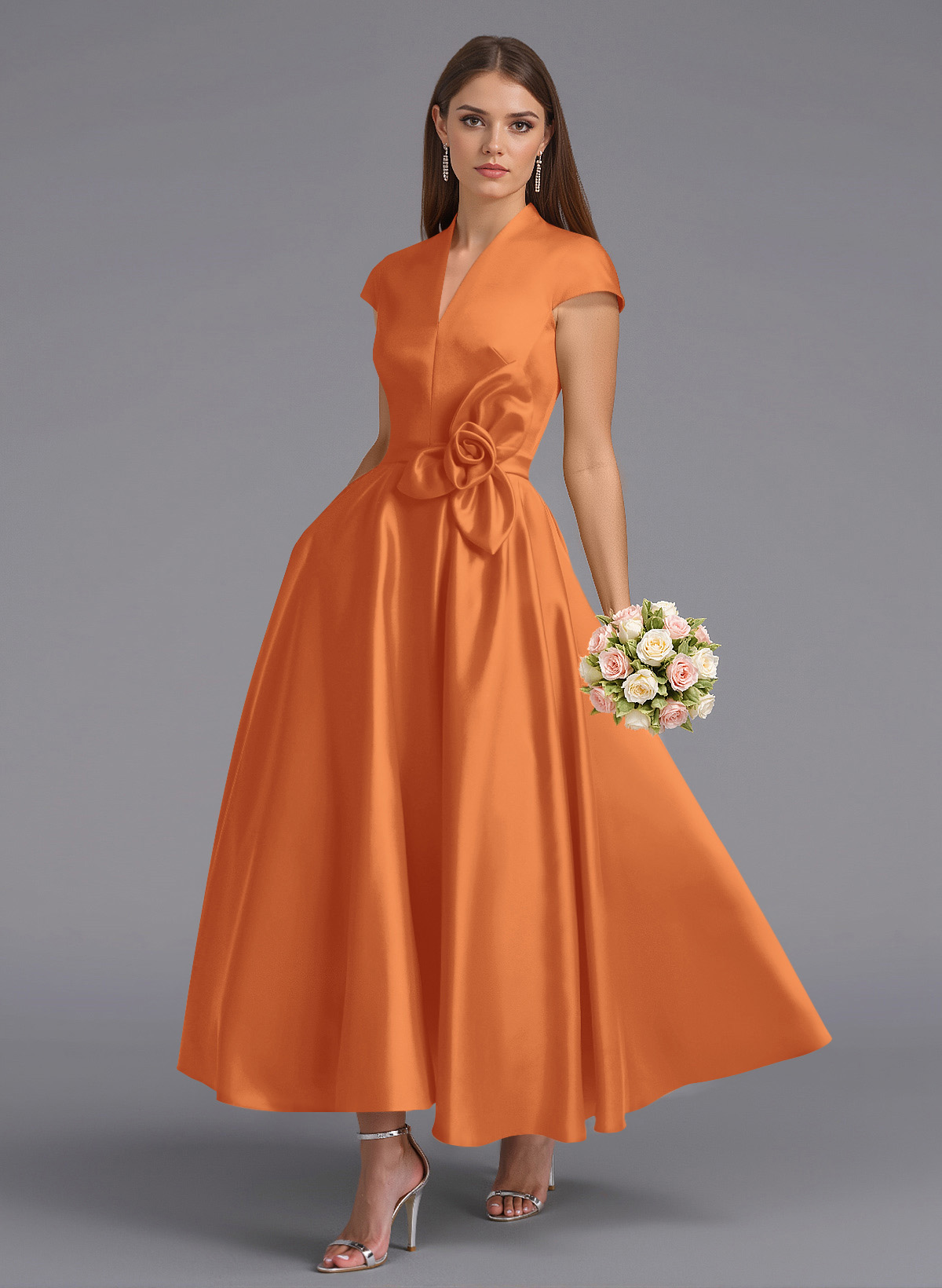 Classic V-Neck Short Sleeves Flower(s) A-Line Ankle-Length Satin Bridesmaid Dresses With Pockets, product image 42