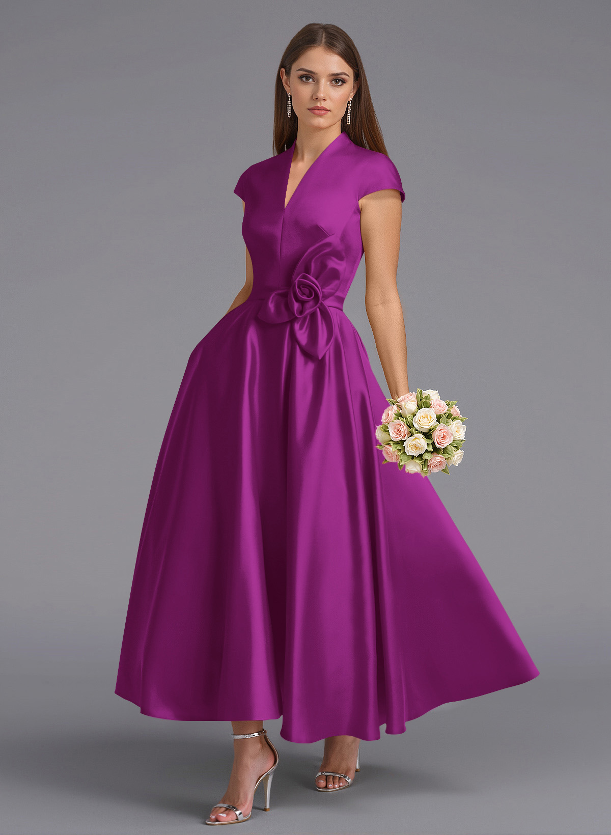 Classic V-Neck Short Sleeves Flower(s) A-Line Ankle-Length Satin Bridesmaid Dresses With Pockets, product image 72