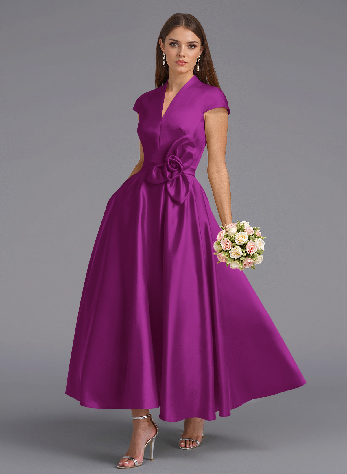 Classic V-Neck Short Sleeves Flower(s) A-Line Ankle-Length Satin Bridesmaid Dresses With Pockets, product image 72