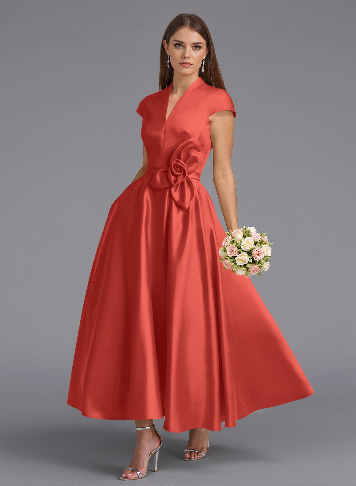 Classic V-Neck Short Sleeves Flower(s) A-Line Ankle-Length Satin Bridesmaid Dresses With Pockets, product image 40