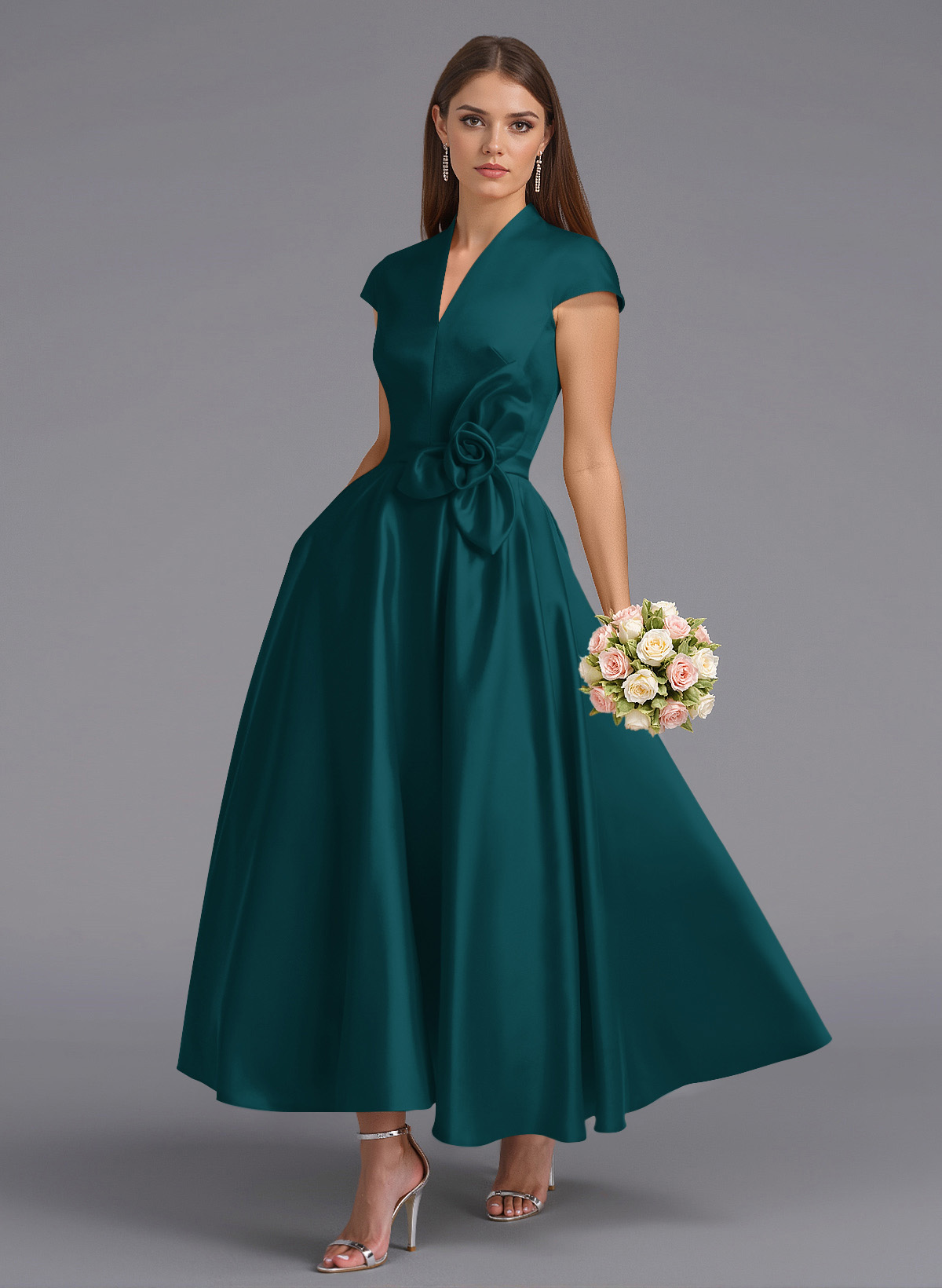 Classic V-Neck Short Sleeves Flower(s) A-Line Ankle-Length Satin Bridesmaid Dresses With Pockets, product image 62