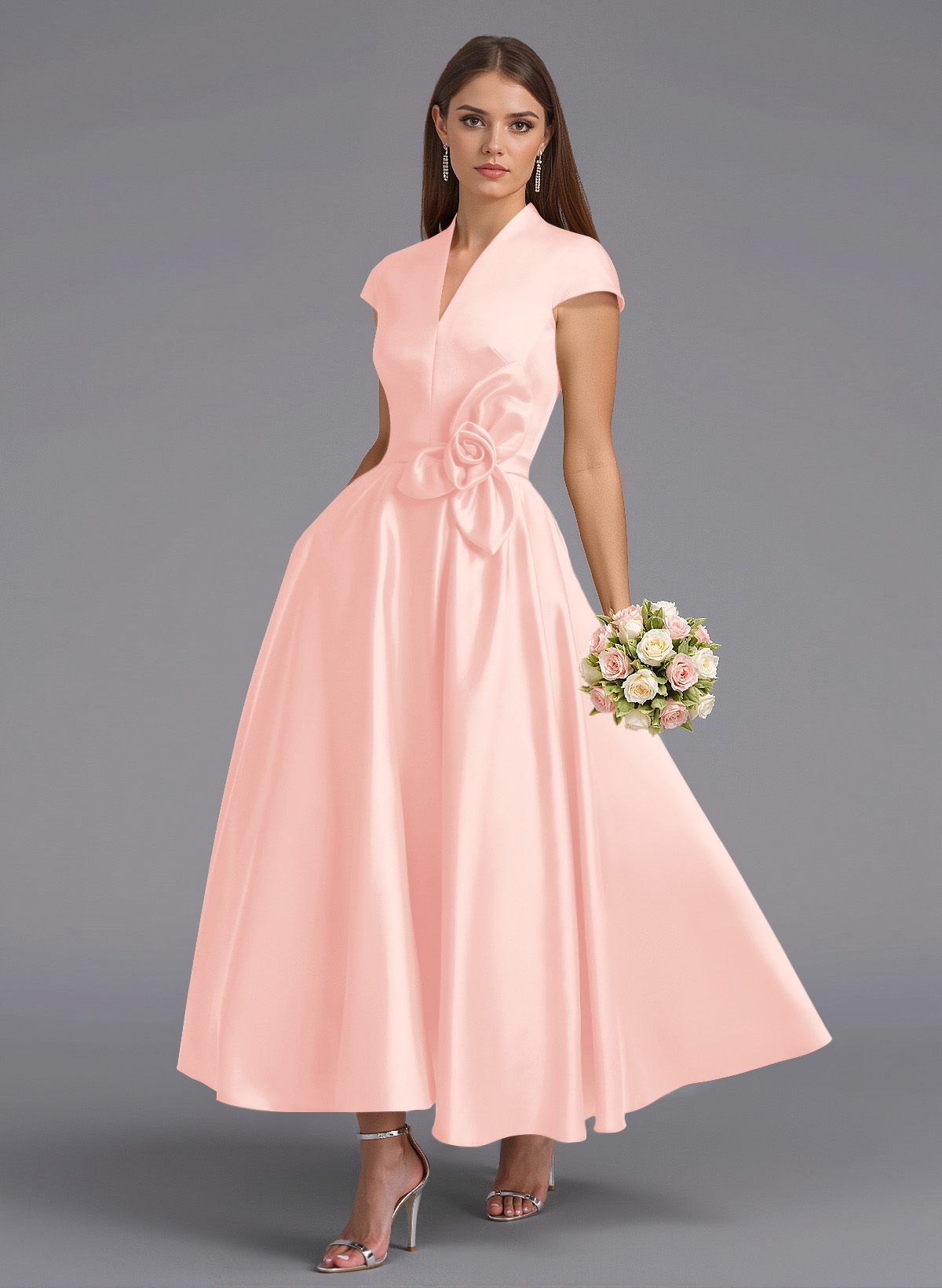 Classic V-Neck Short Sleeves Flower(s) A-Line Ankle-Length Satin Bridesmaid Dresses With Pockets, product image 100
