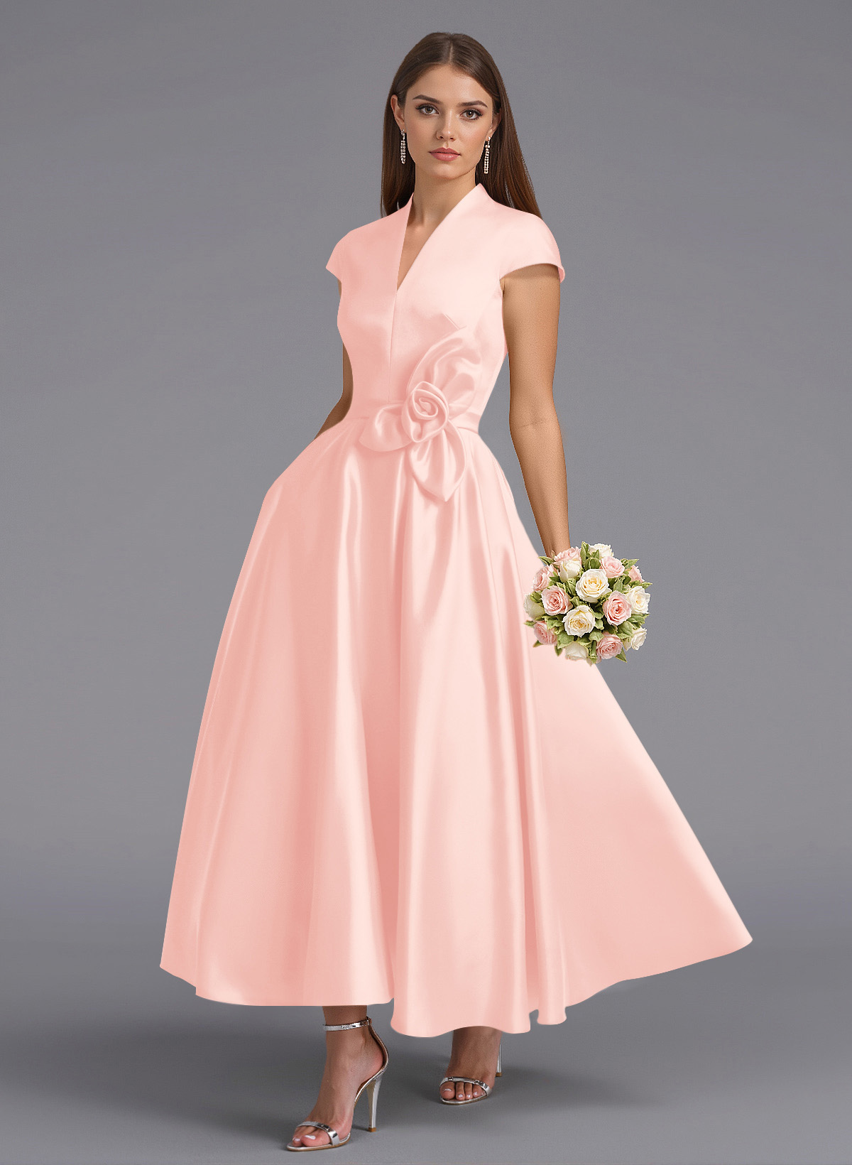 Classic V-Neck Short Sleeves Flower(s) A-Line Ankle-Length Satin Bridesmaid Dresses With Pockets, product image 100