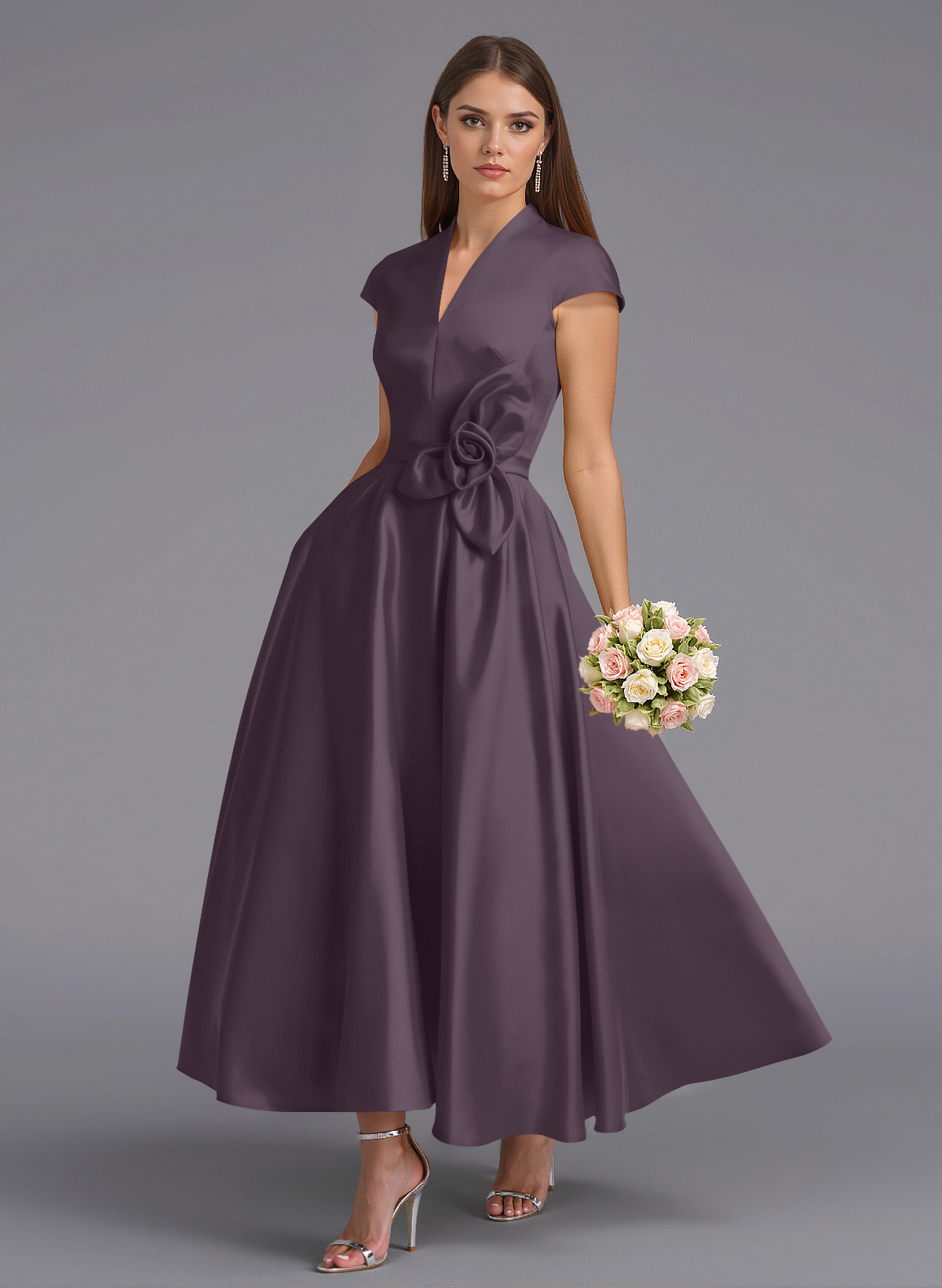Classic V-Neck Short Sleeves Flower(s) A-Line Ankle-Length Satin Bridesmaid Dresses With Pockets, product image 24