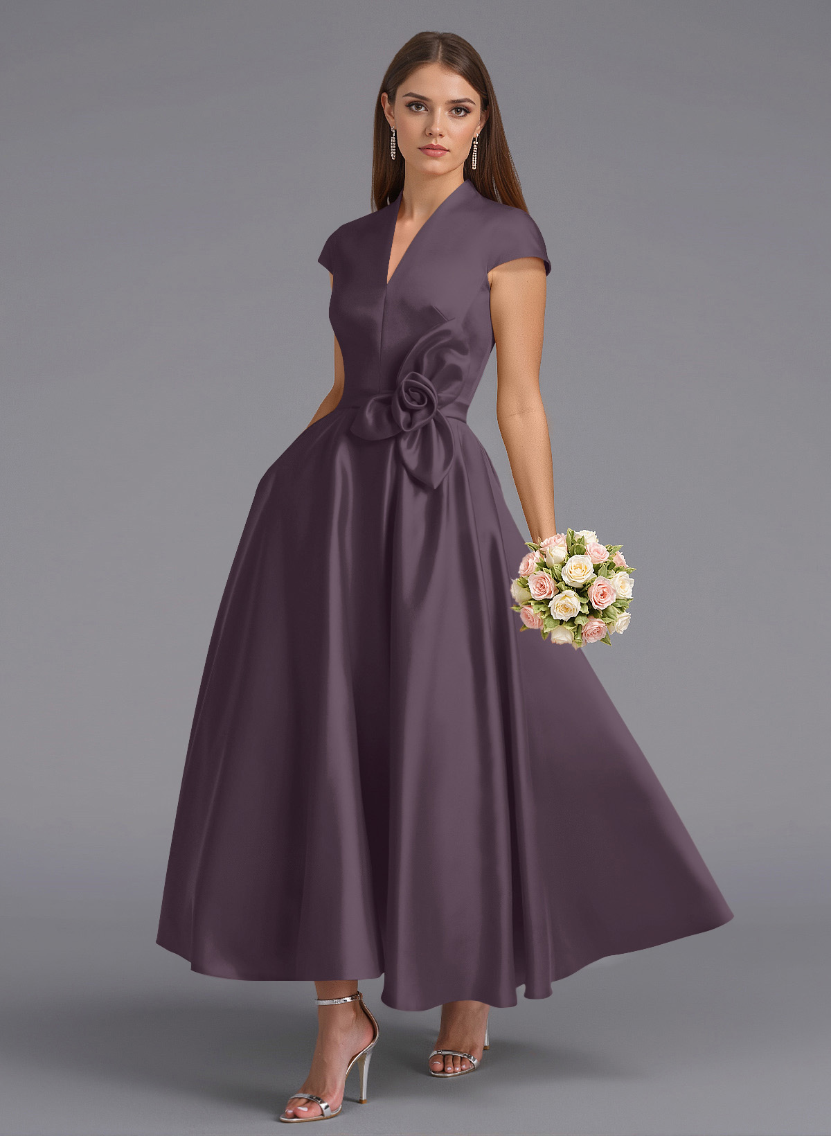 Classic V-Neck Short Sleeves Flower(s) A-Line Ankle-Length Satin Bridesmaid Dresses With Pockets, product image 24