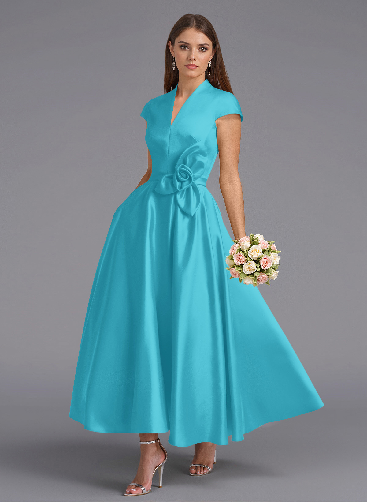 Classic V-Neck Short Sleeves Flower(s) A-Line Ankle-Length Satin Bridesmaid Dresses With Pockets, product image 124
