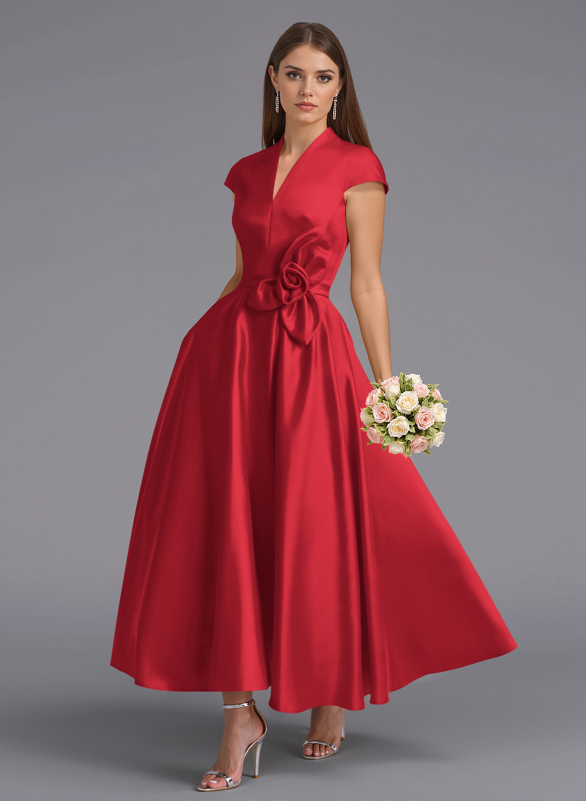 Classic V-Neck Short Sleeves Flower(s) A-Line Ankle-Length Satin Bridesmaid Dresses With Pockets, product image 108