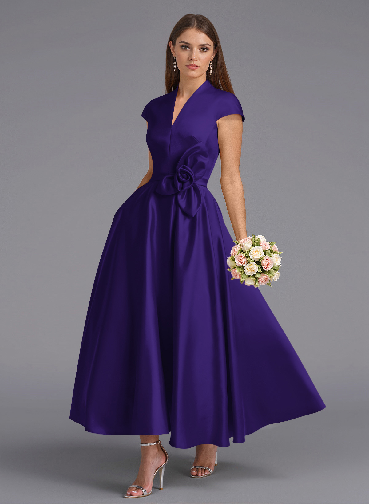 Classic V-Neck Short Sleeves Flower(s) A-Line Ankle-Length Satin Bridesmaid Dresses With Pockets, product image 68