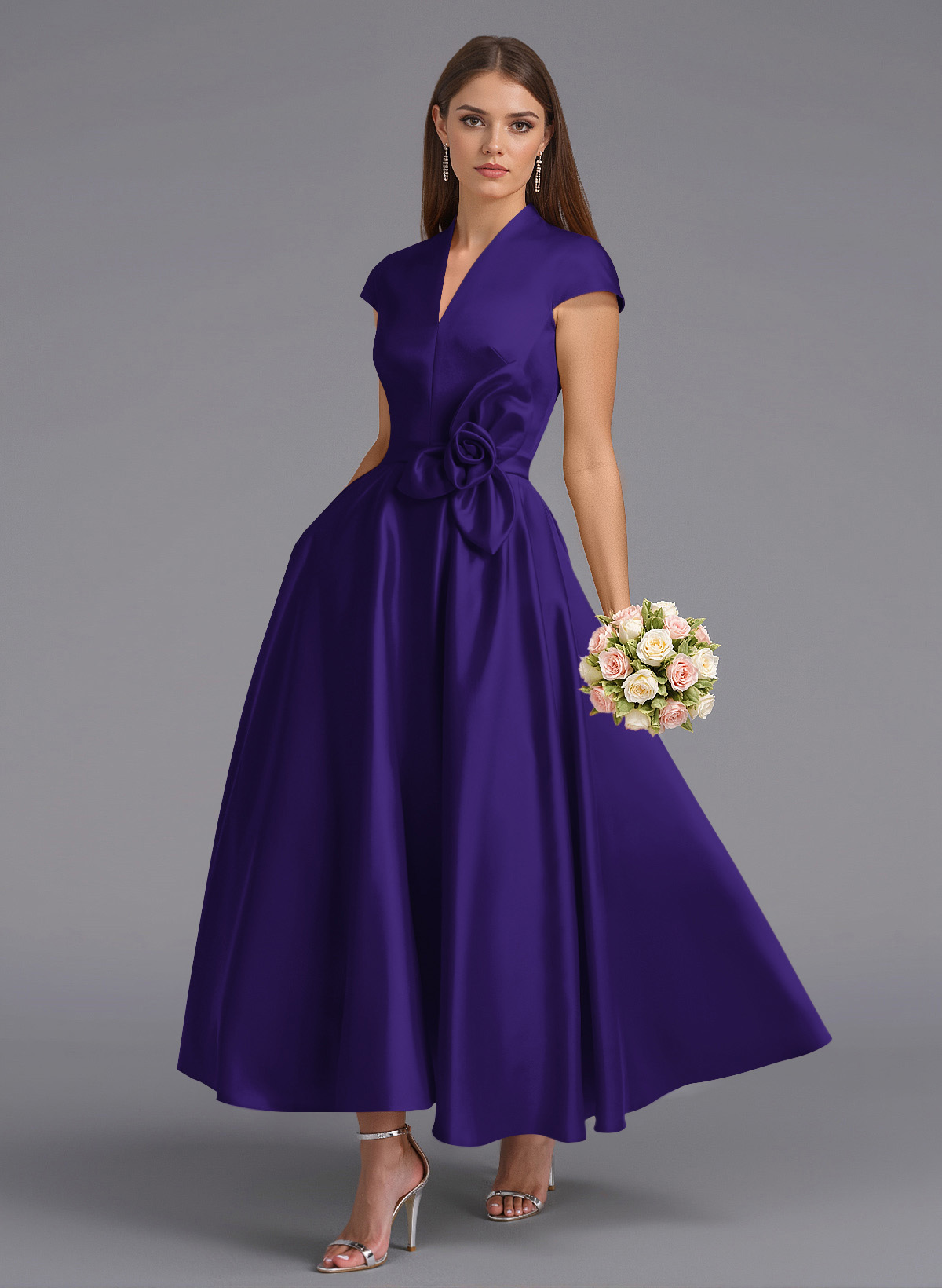 Classic V-Neck Short Sleeves Flower(s) A-Line Ankle-Length Satin Bridesmaid Dresses With Pockets, product image 68