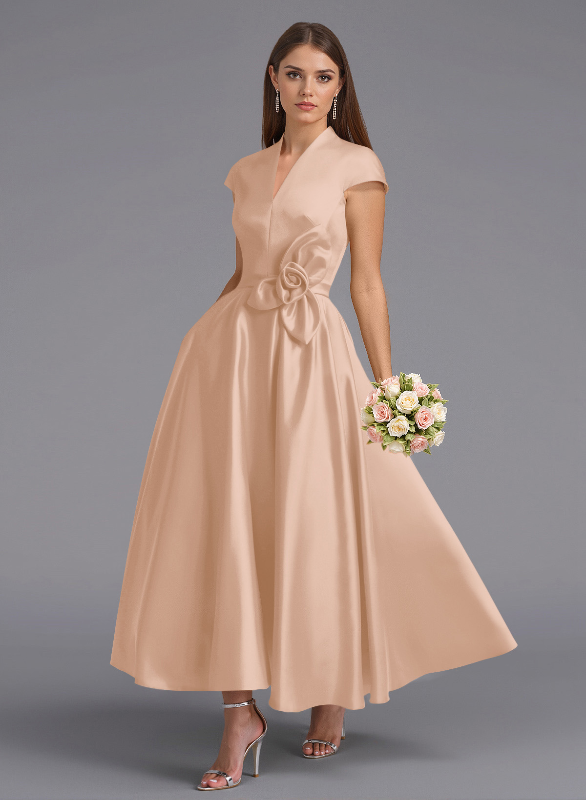 Classic V-Neck Short Sleeves Flower(s) A-Line Ankle-Length Satin Bridesmaid Dresses With Pockets, product image 16
