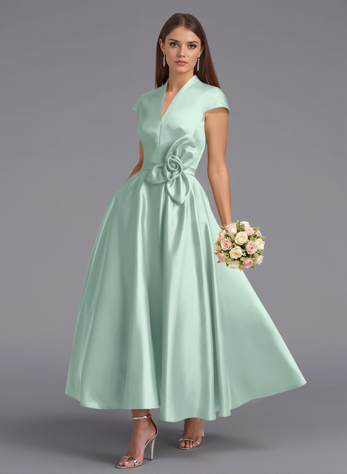 Classic V-Neck Short Sleeves Flower(s) A-Line Ankle-Length Satin Bridesmaid Dresses With Pockets, product image 56