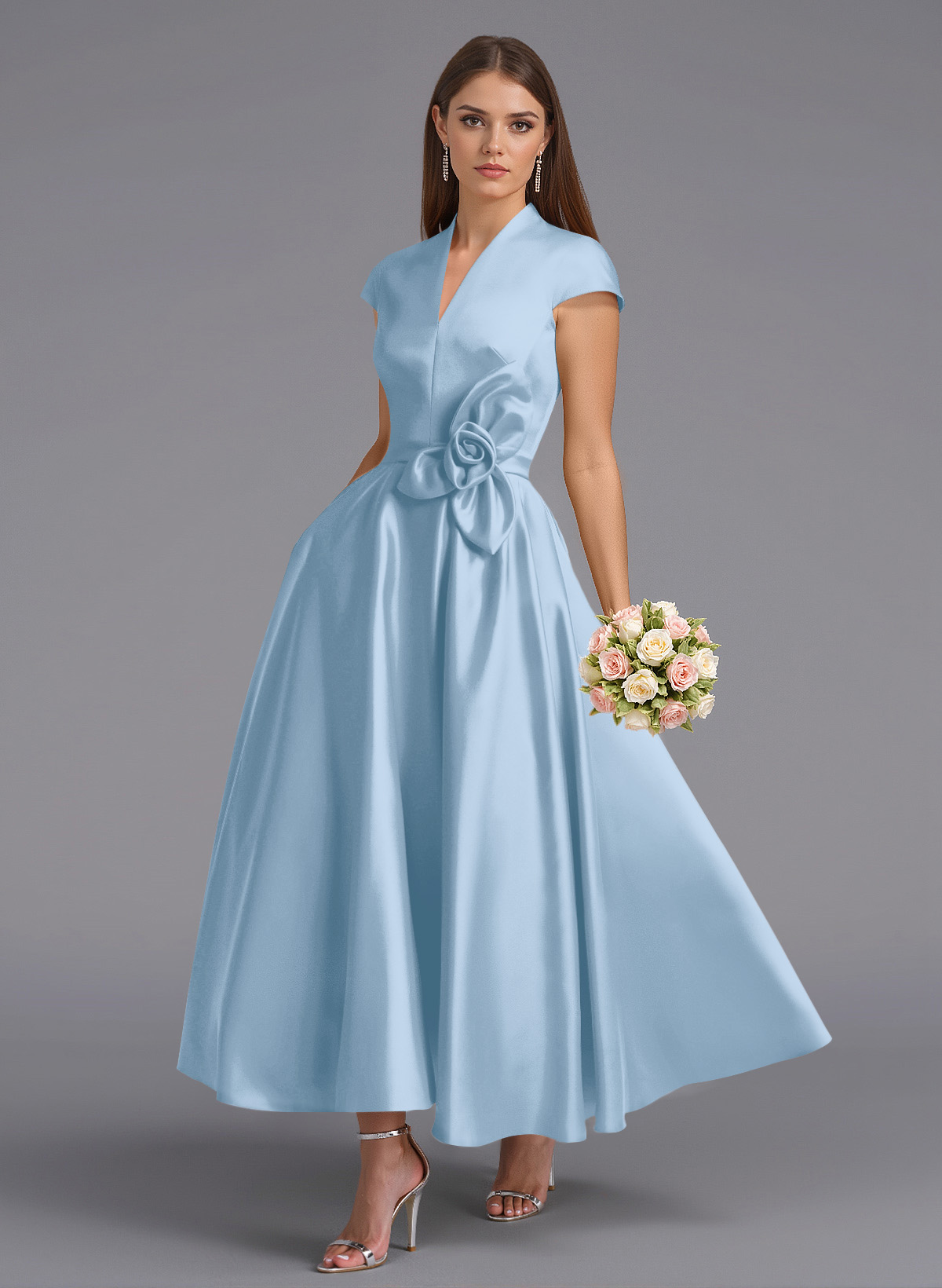 Classic V-Neck Short Sleeves Flower(s) A-Line Ankle-Length Satin Bridesmaid Dresses With Pockets, product image 120