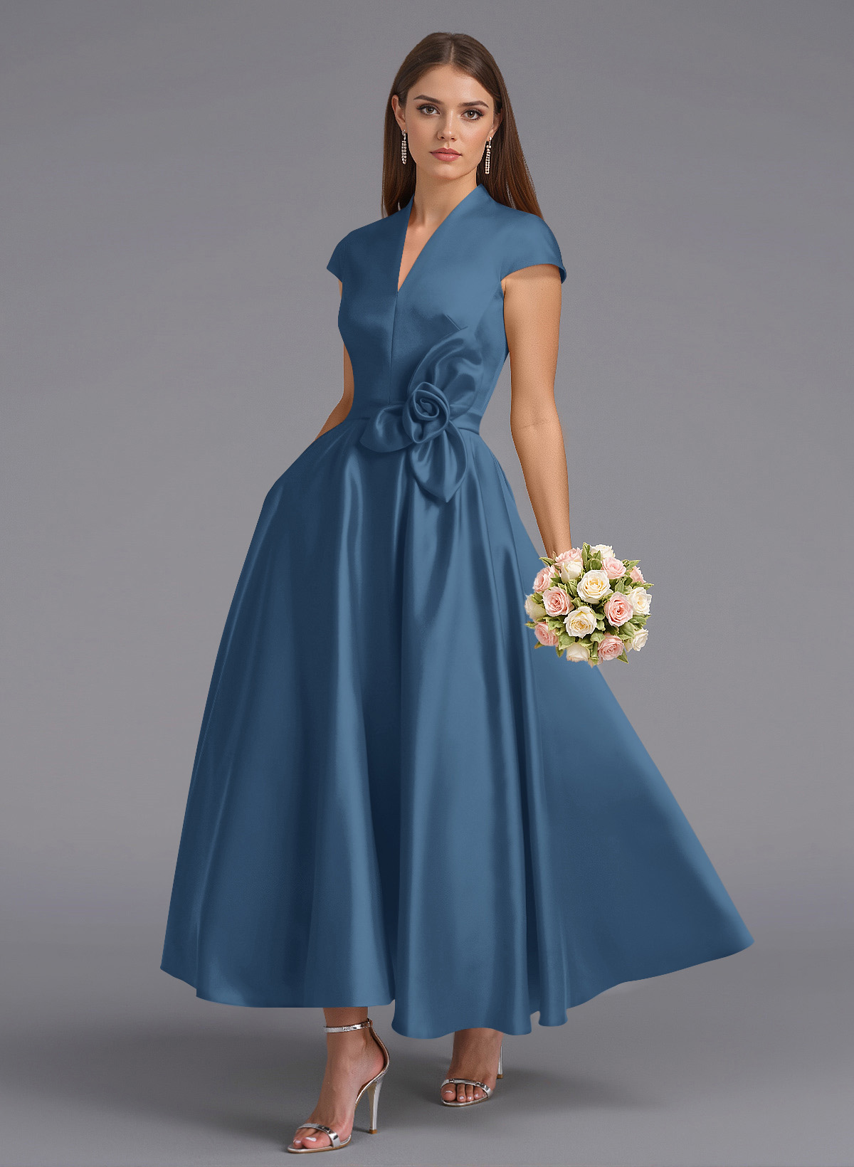 Classic V-Neck Short Sleeves Flower(s) A-Line Ankle-Length Satin Bridesmaid Dresses With Pockets, product image 134