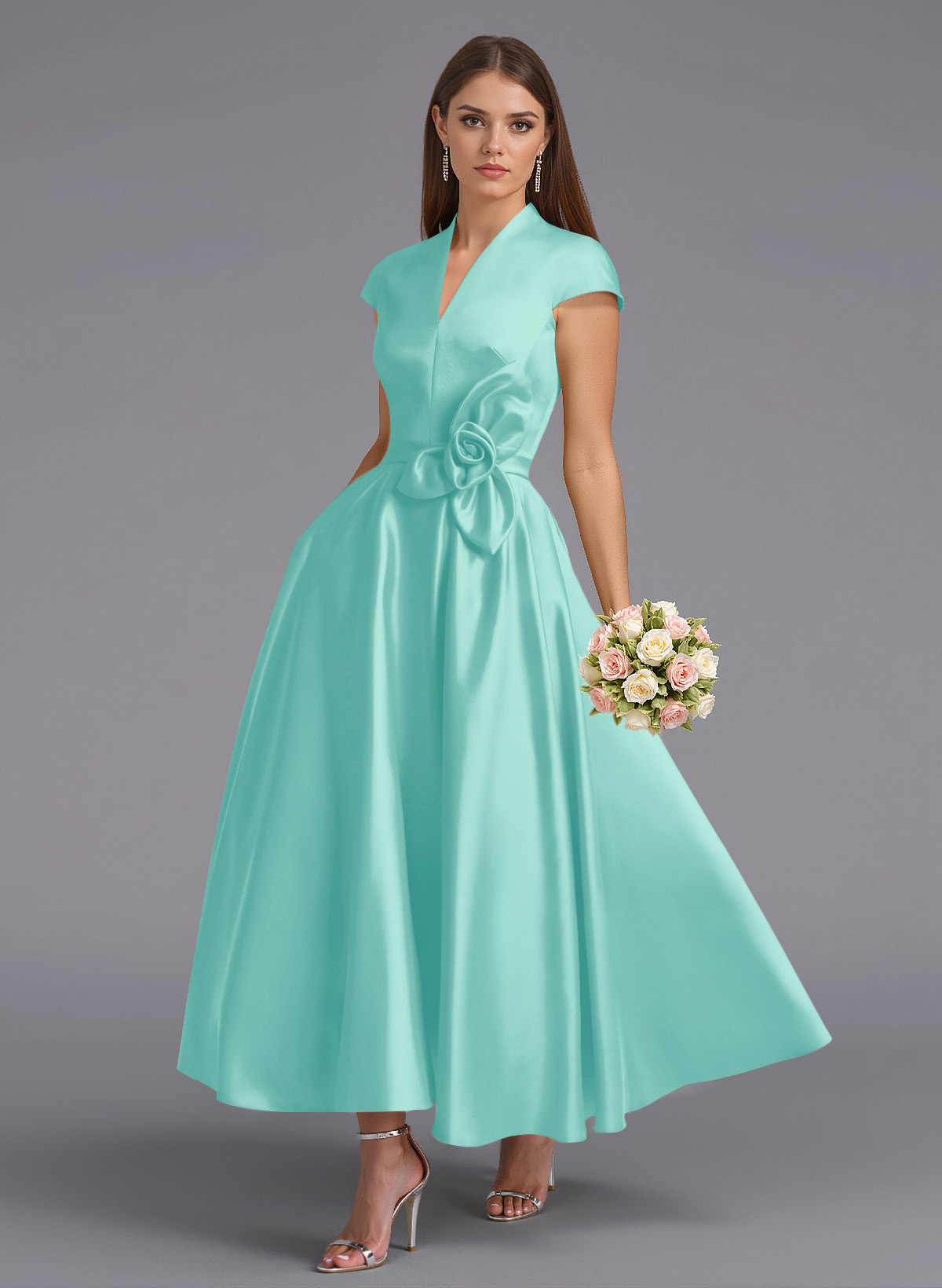 Classic V-Neck Short Sleeves Flower(s) A-Line Ankle-Length Satin Bridesmaid Dresses With Pockets, product image 52