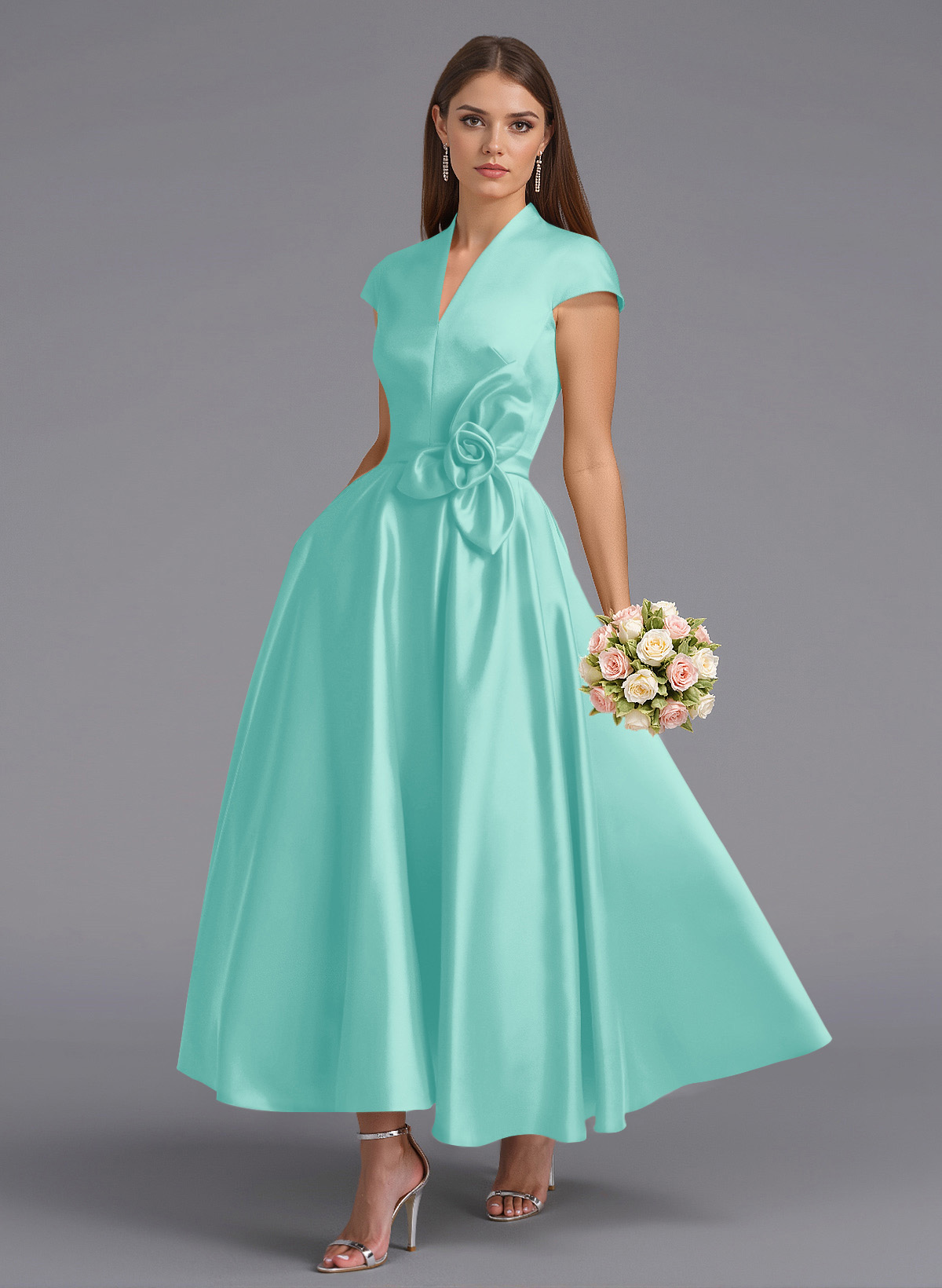 Classic V-Neck Short Sleeves Flower(s) A-Line Ankle-Length Satin Bridesmaid Dresses With Pockets, product image 52
