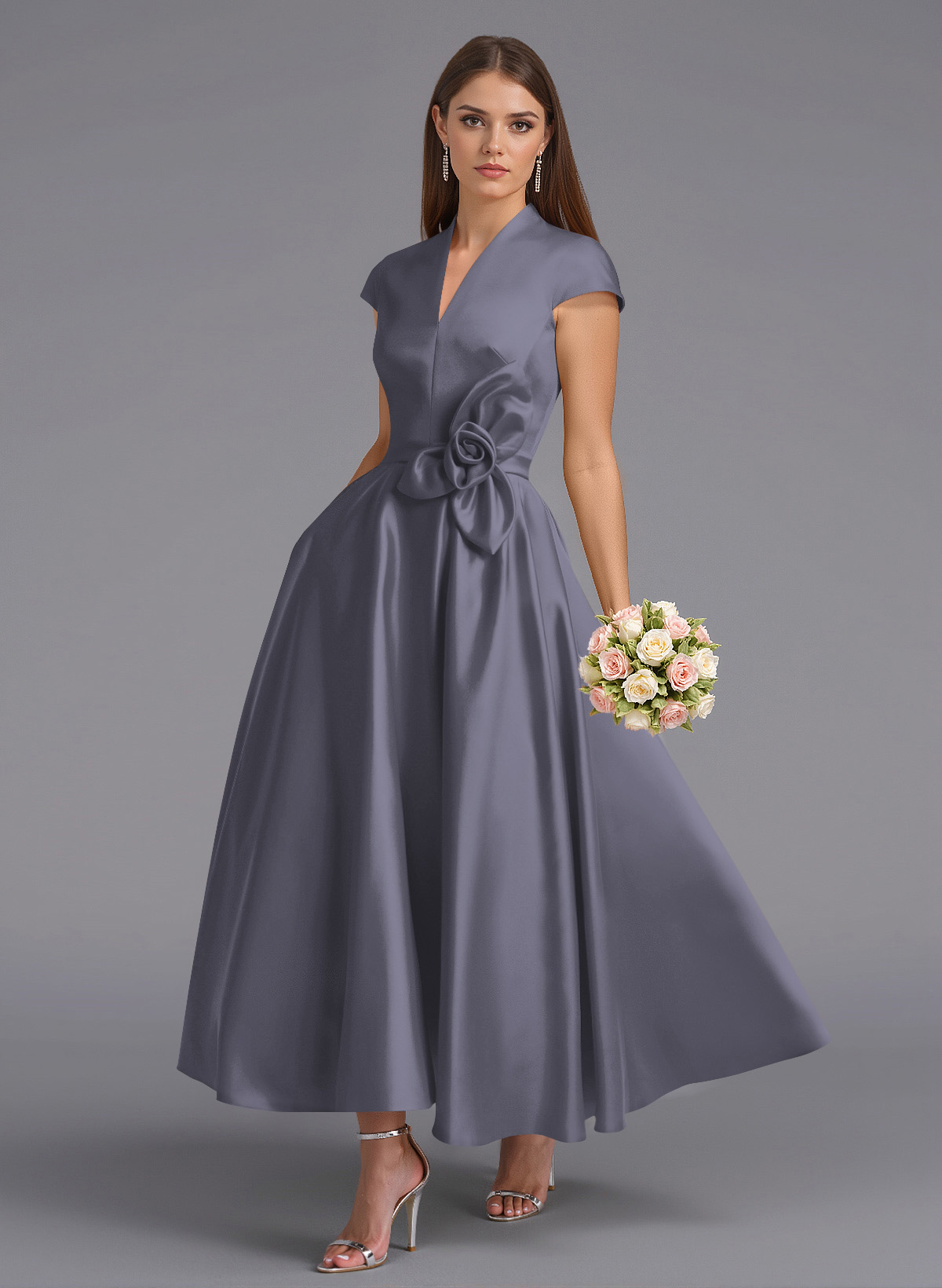 Classic V-Neck Short Sleeves Flower(s) A-Line Ankle-Length Satin Bridesmaid Dresses With Pockets, product image 132