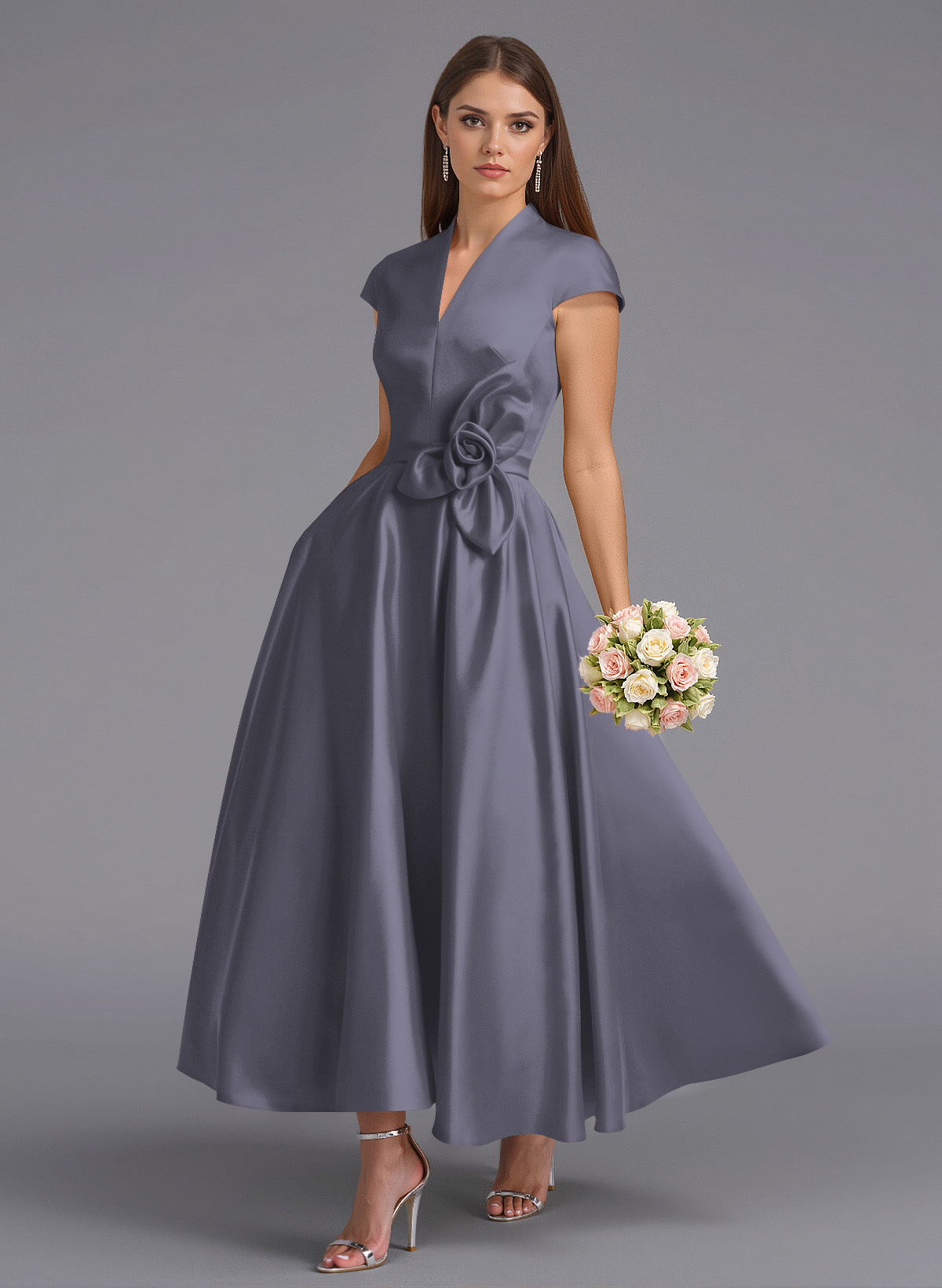 Classic V-Neck Short Sleeves Flower(s) A-Line Ankle-Length Satin Bridesmaid Dresses With Pockets, product image 132