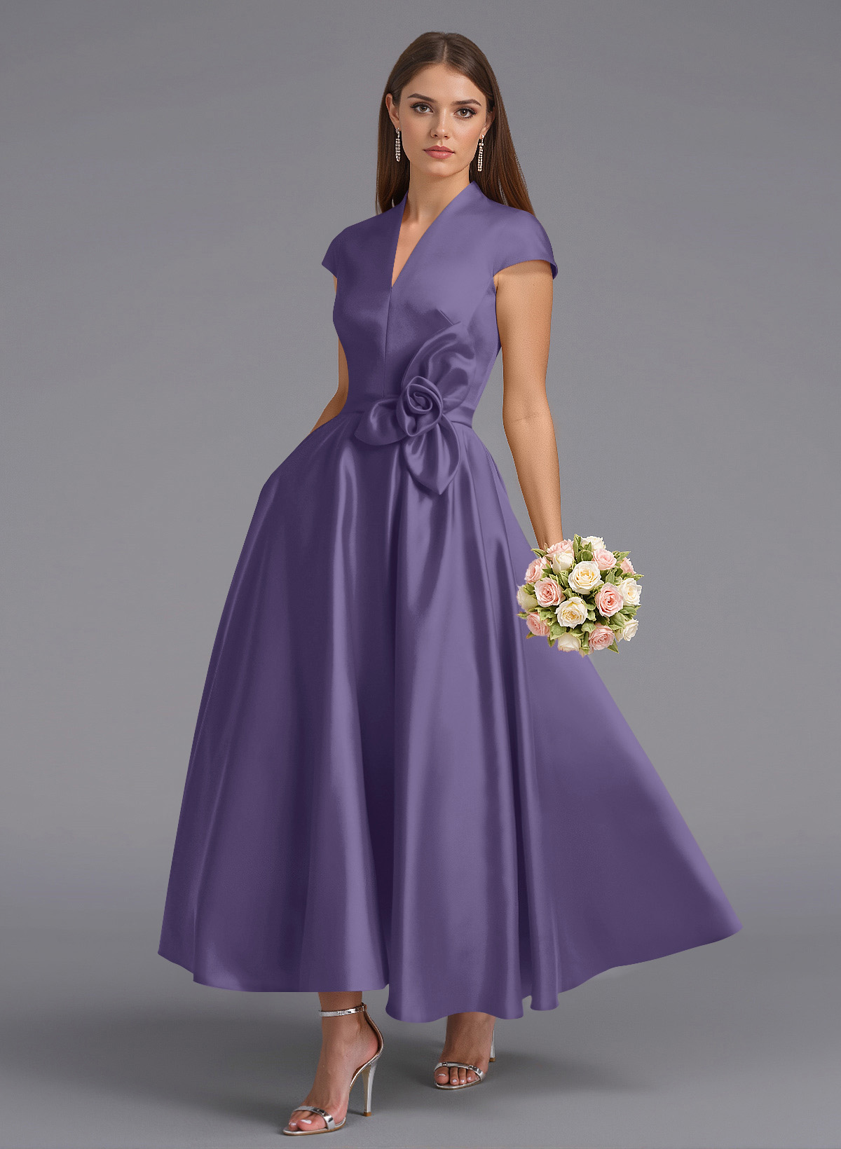 Classic V-Neck Short Sleeves Flower(s) A-Line Ankle-Length Satin Bridesmaid Dresses With Pockets, product image 76
