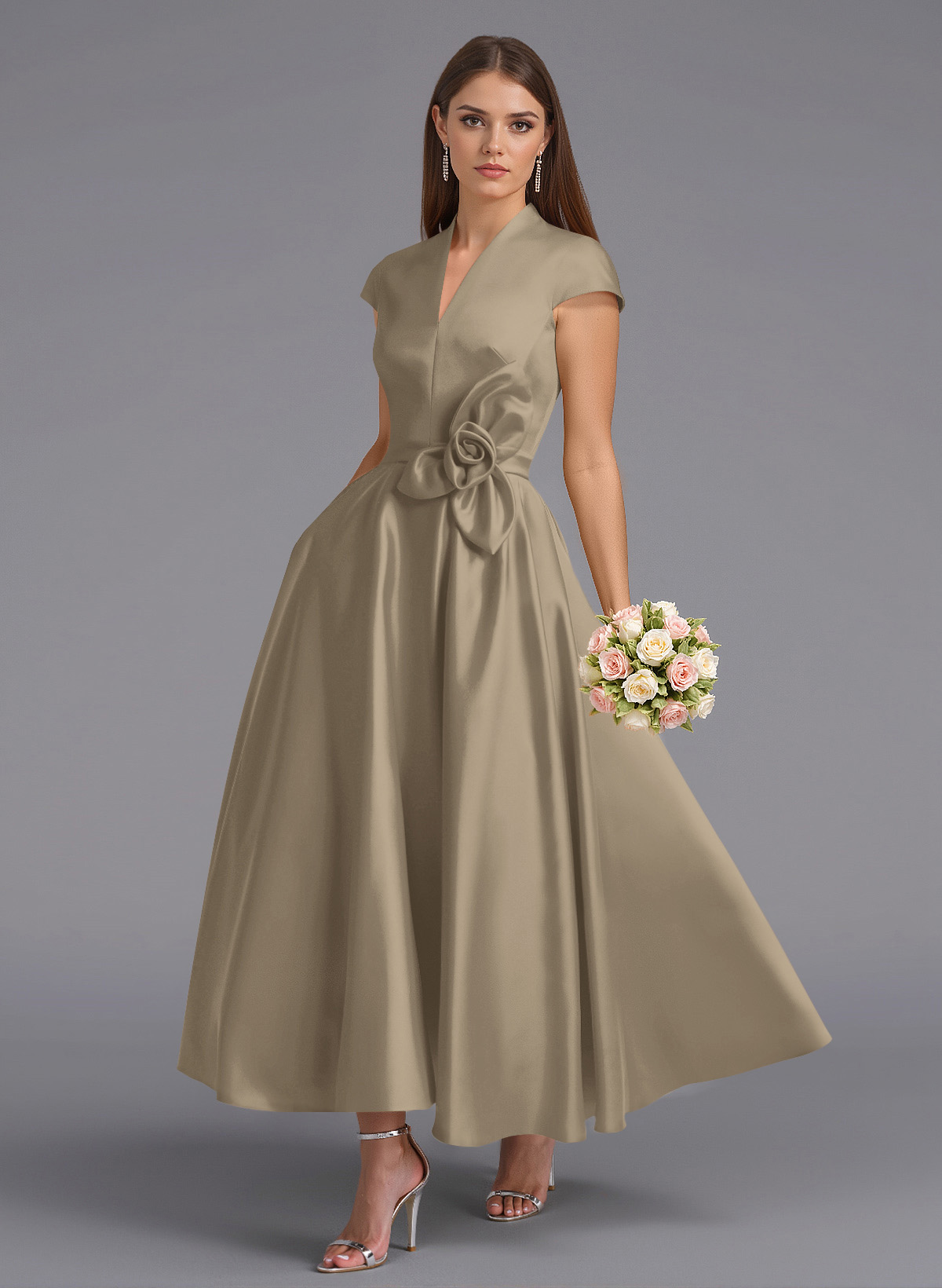 Classic V-Neck Short Sleeves Flower(s) A-Line Ankle-Length Satin Bridesmaid Dresses With Pockets, product image 48