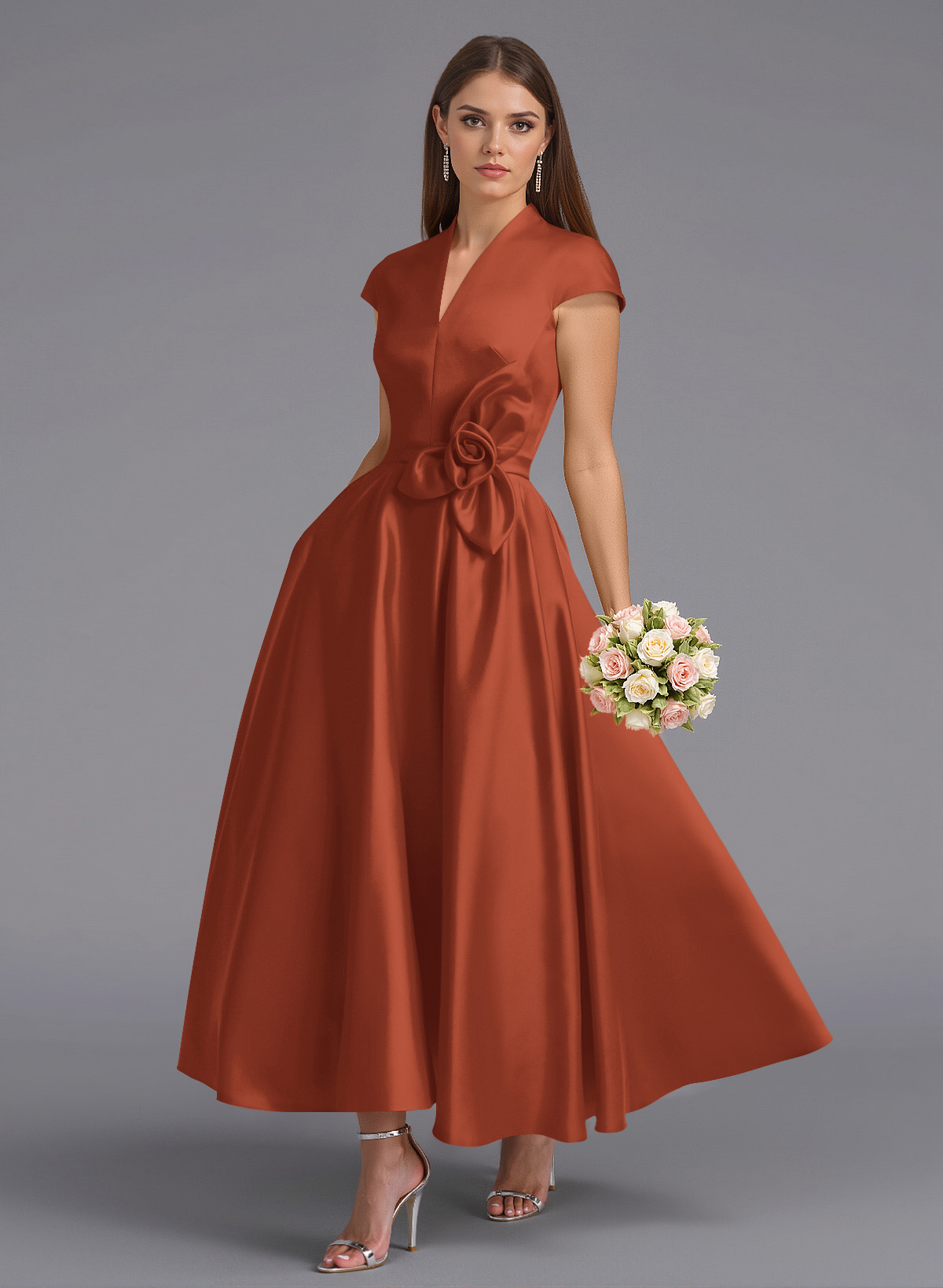 Classic V-Neck Short Sleeves Flower(s) A-Line Ankle-Length Satin Bridesmaid Dresses With Pockets, product image 10