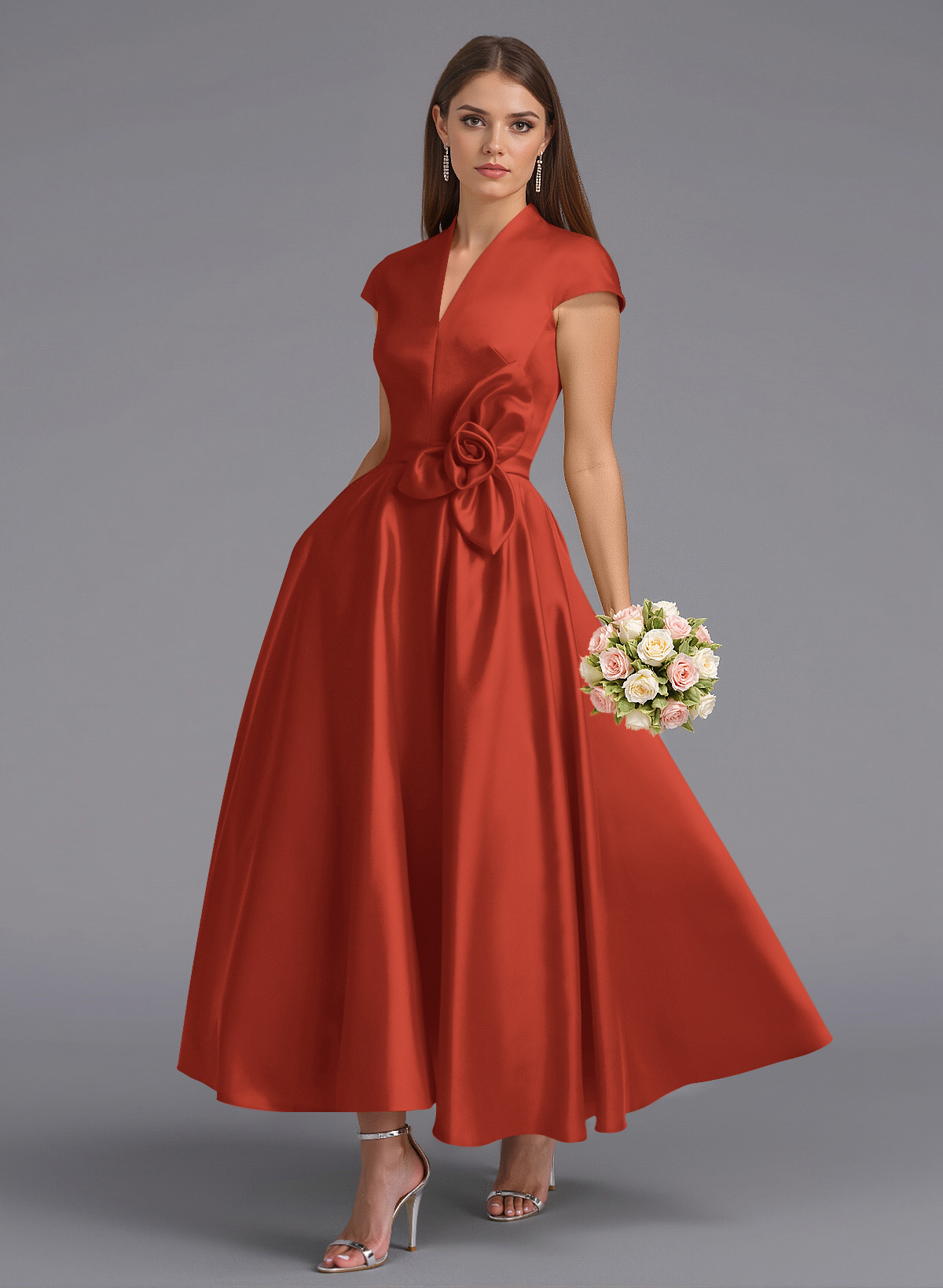 Classic V-Neck Short Sleeves Flower(s) A-Line Ankle-Length Satin Bridesmaid Dresses With Pockets, product image 106
