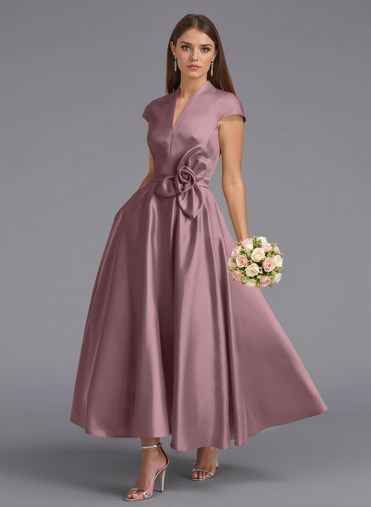 Classic V-Neck Short Sleeves Flower(s) A-Line Ankle-Length Satin Bridesmaid Dresses With Pockets, product image 84