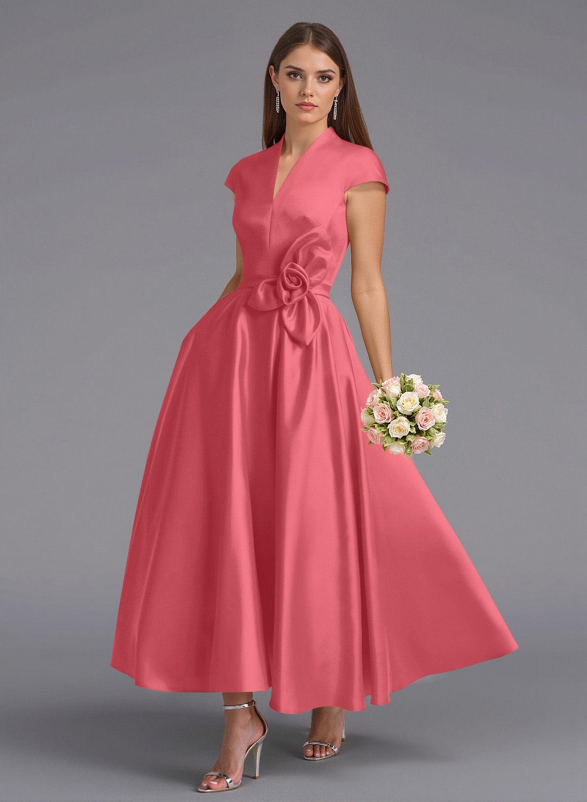 Classic V-Neck Short Sleeves Flower(s) A-Line Ankle-Length Satin Bridesmaid Dresses With Pockets, product image 104