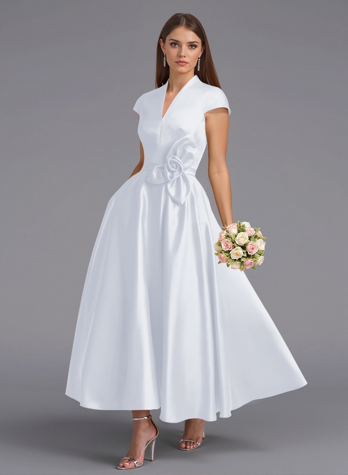 Classic V-Neck Short Sleeves Flower(s) A-Line Ankle-Length Satin Bridesmaid Dresses With Pockets, product image 34