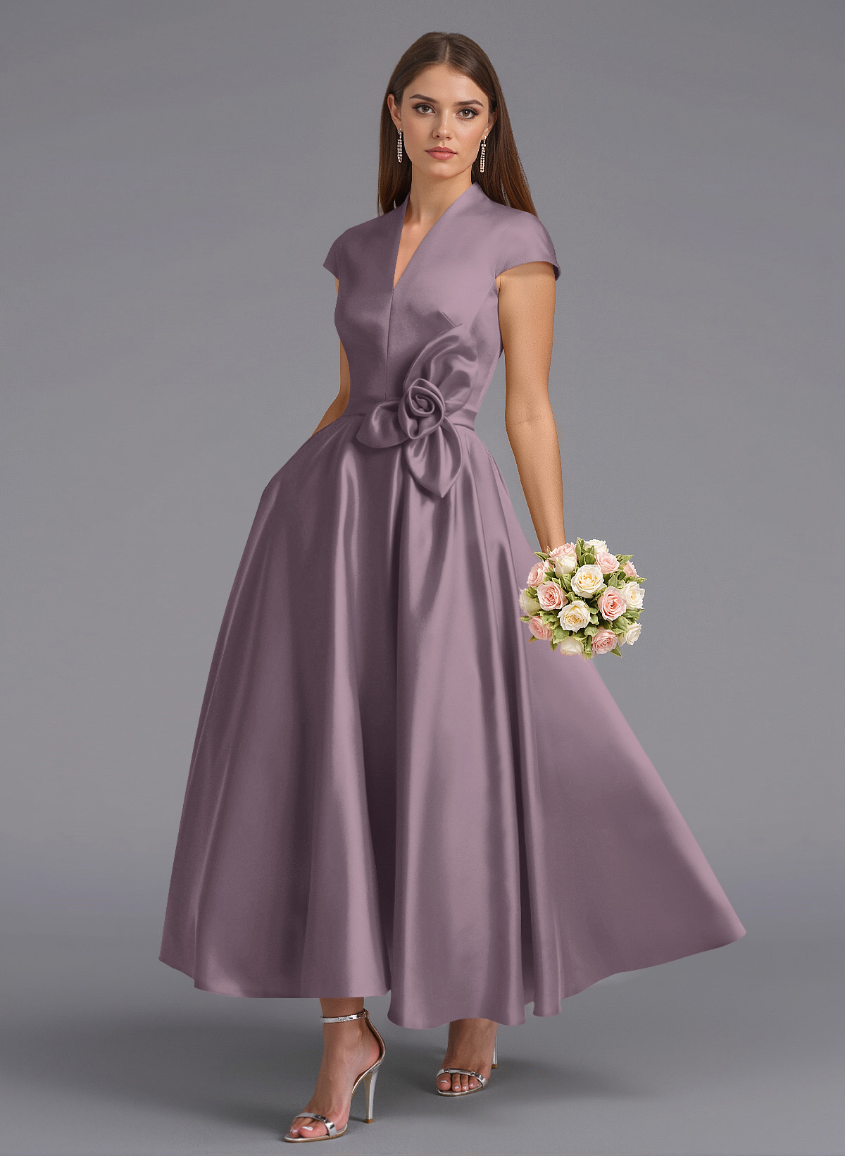 Classic V-Neck Short Sleeves Flower(s) A-Line Ankle-Length Satin Bridesmaid Dresses With Pockets, product image 86