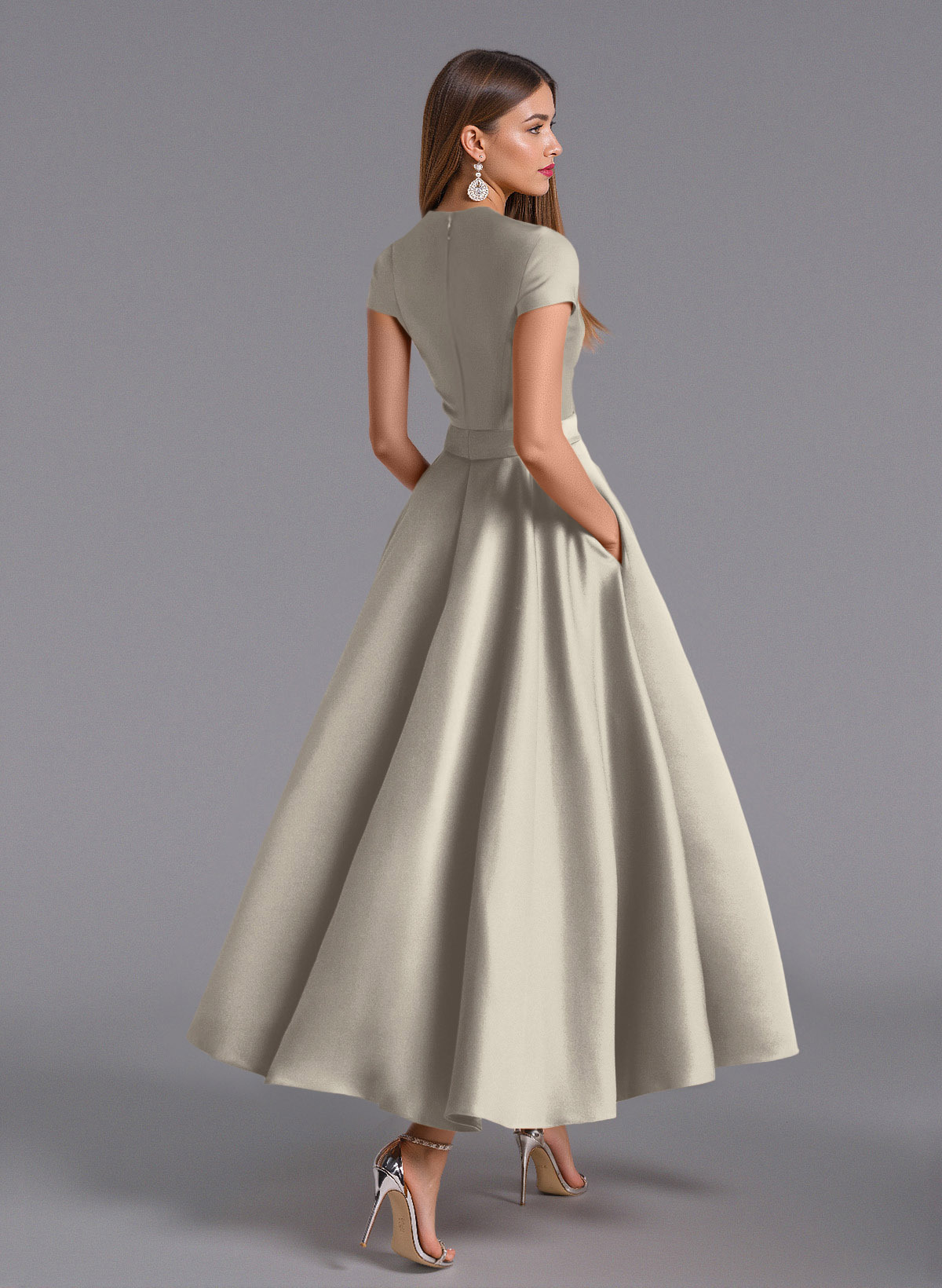 Classic V-Neck Short Sleeves Flower(s) A-Line Ankle-Length Satin Bridesmaid Dresses With Pockets, product image 21