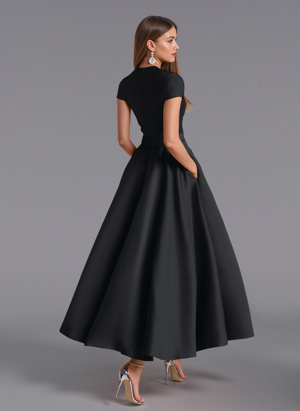 Classic V-Neck Short Sleeves Flower(s) A-Line Ankle-Length Satin Bridesmaid Dresses With Pockets, product image 29